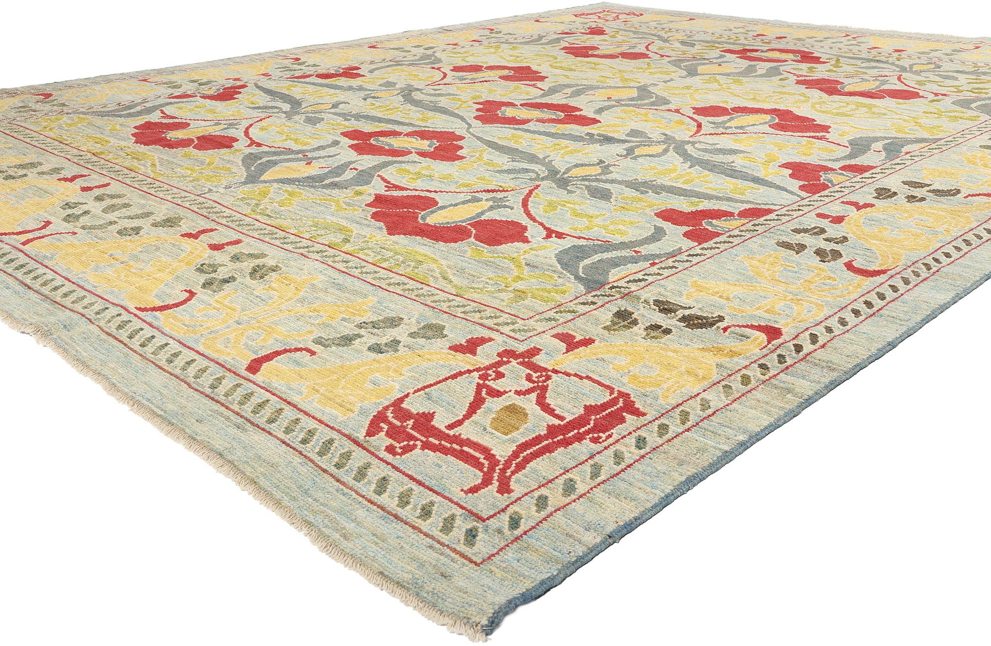60744 William Morris Turkish Oushak Rug, 11'07 x 14'10. In this hand-knotted wool modern Turkish Oushak rug, contemporary elegance merges seamlessly with the timeless allure of British Arts & Crafts style. Drawing inspiration from the works of