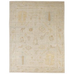 New Turkish Oushak Rug with Beige and Gold Botanical Field