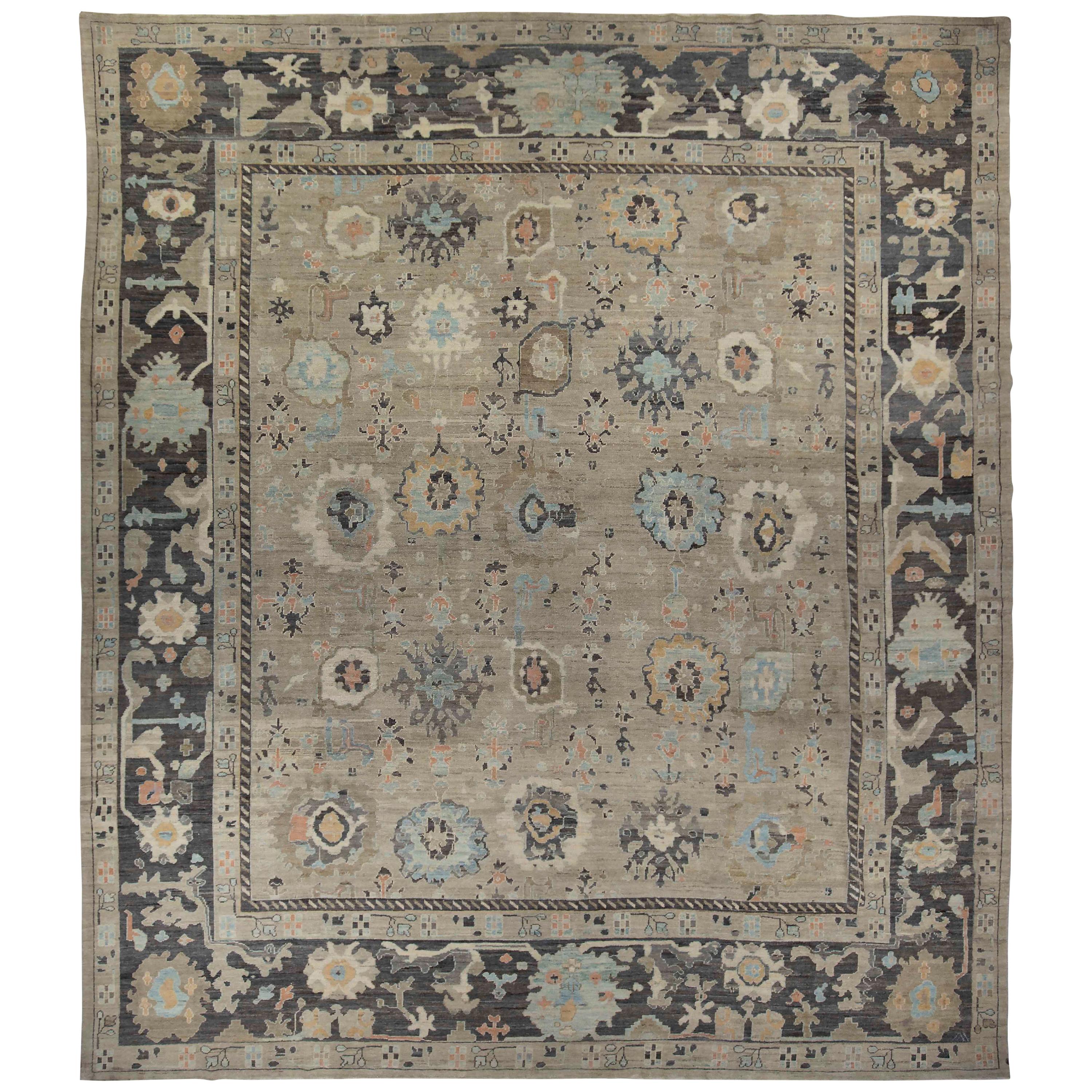 New Turkish Oushak Rug with Blue and Brown Floral Details on Beige Field For Sale