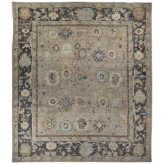 New Turkish Oushak Rug with Blue and Brown Floral Details on Beige Field