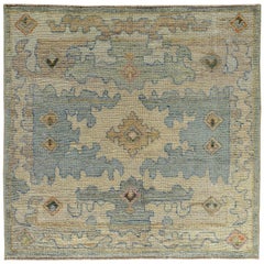 New Turkish Oushak Rug with Blue and Green Floral Details on Beige Field