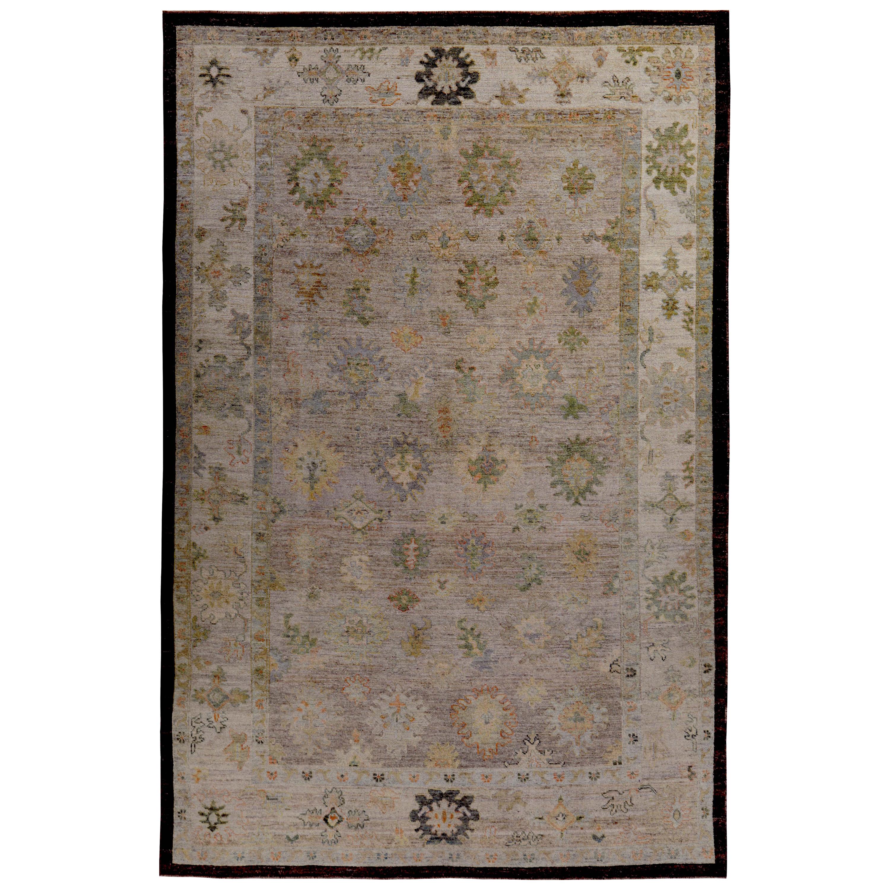 New Turkish Oushak Rug with Blue and Green Floral Details on Brown Field For Sale