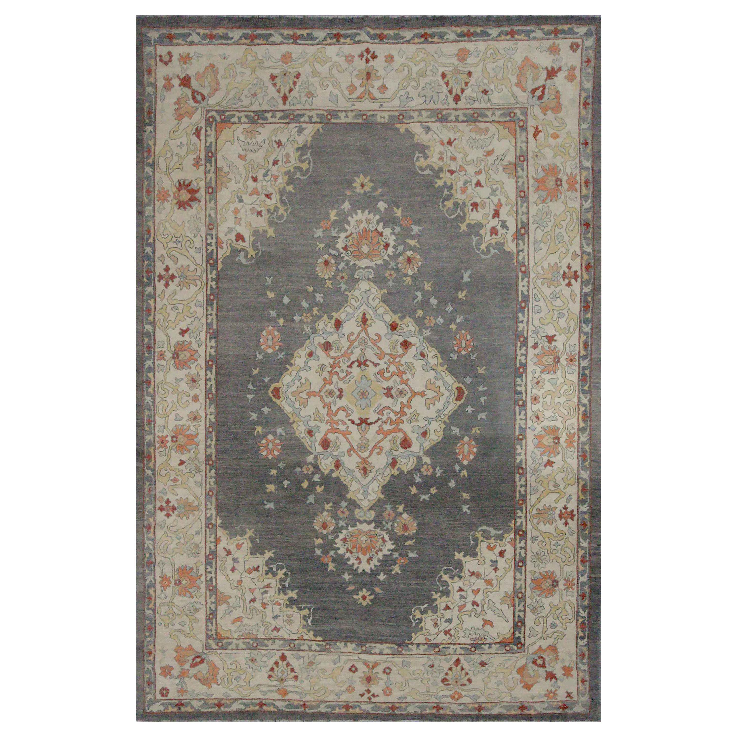 New Turkish Oushak Rug with Blue and Pink Floral Details on Gray Field For Sale