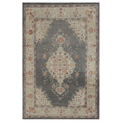 New Turkish Oushak Rug with Blue and Pink Floral Details on Gray Field