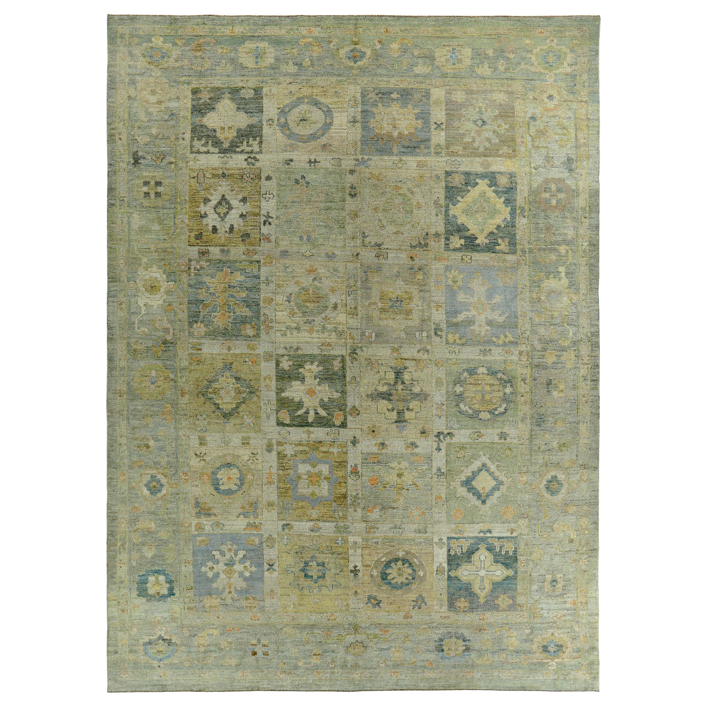 New Turkish Oushak Rug with Blue and Yellow Floral Design on a Green Field