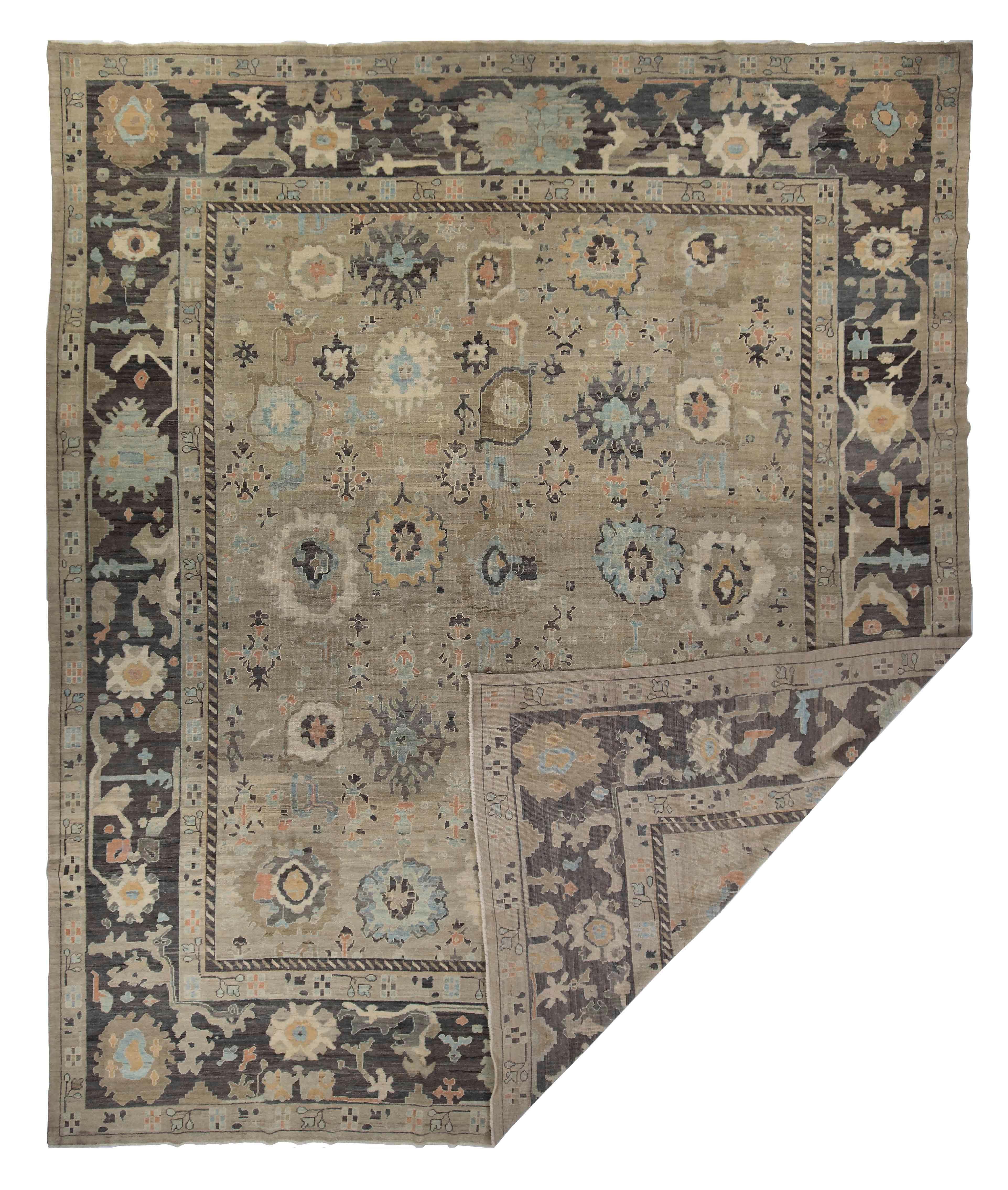 Hand-Woven New Turkish Oushak Rug with Blue and Brown Floral Details on Beige Field For Sale