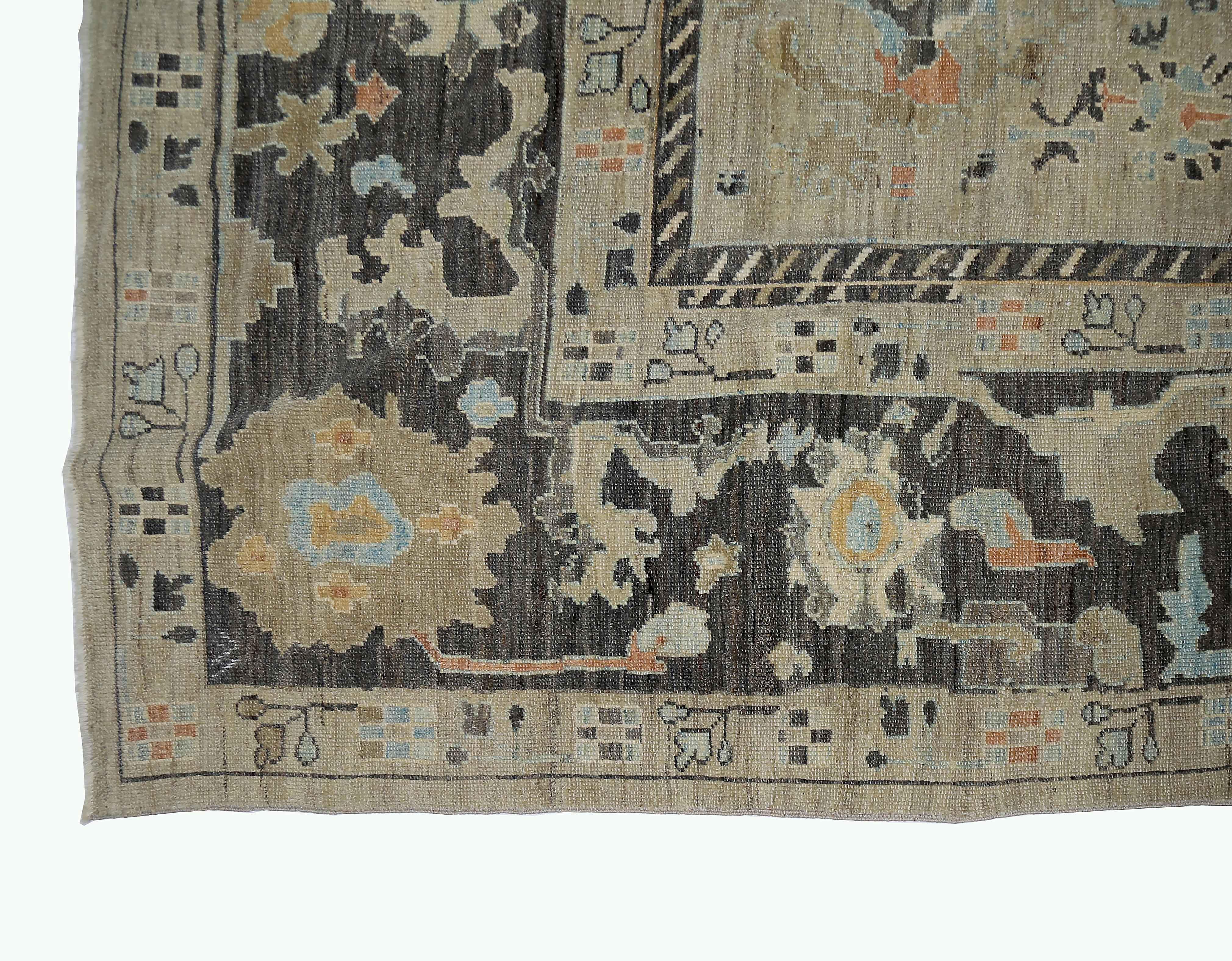 New Turkish Oushak Rug with Blue and Brown Floral Details on Beige Field In New Condition For Sale In Dallas, TX