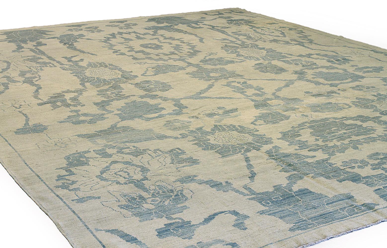 Hand-Woven New Turkish Oushak Rug with Blue Floral Details on Ivory Field For Sale