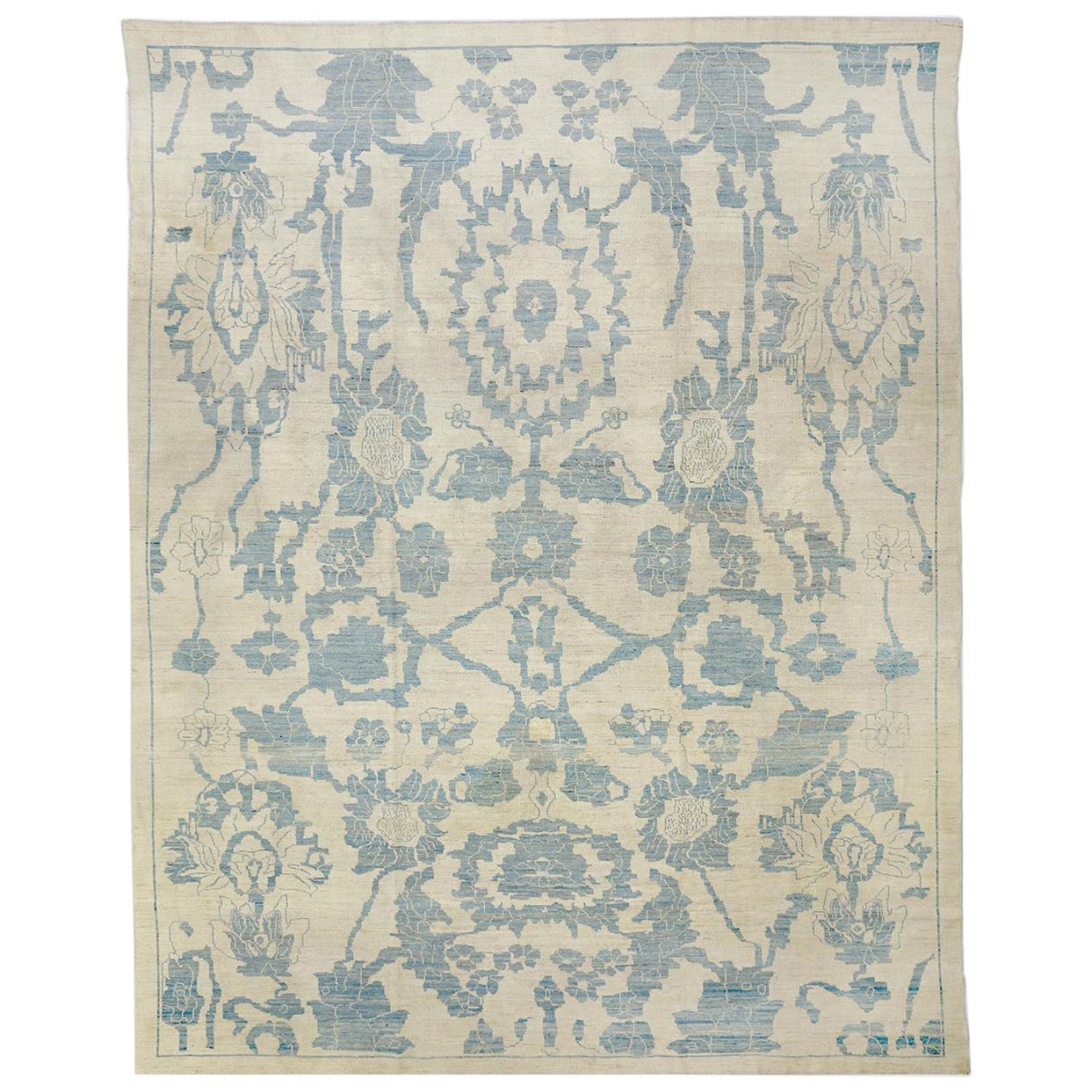 New Turkish Oushak Rug with Blue Floral Details on Ivory Field For Sale