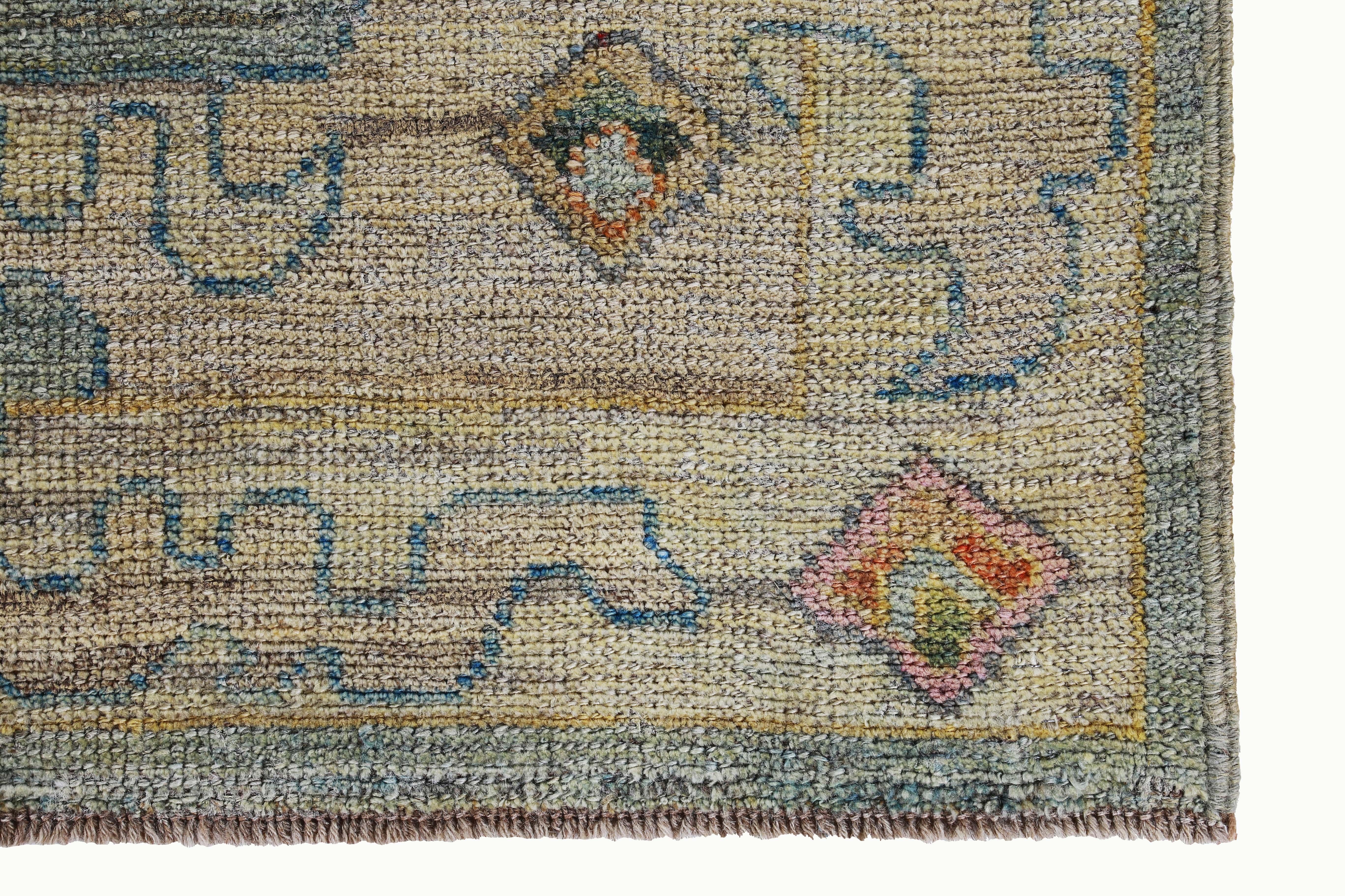 Hand-Woven New Turkish Oushak Rug with Blue and Green Floral Details on Beige Field For Sale