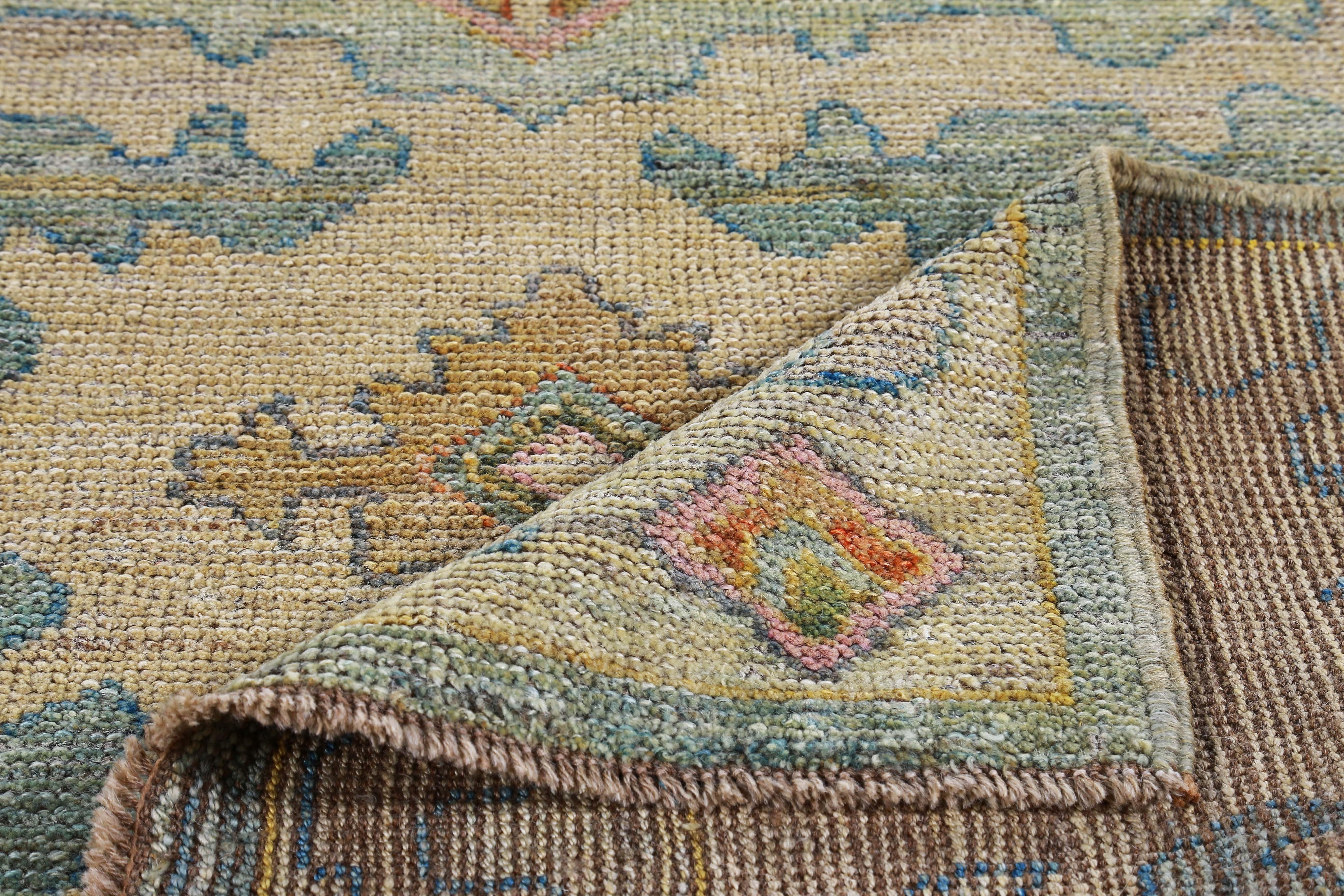 New Turkish Oushak Rug with Blue and Green Floral Details on Beige Field In New Condition For Sale In Dallas, TX