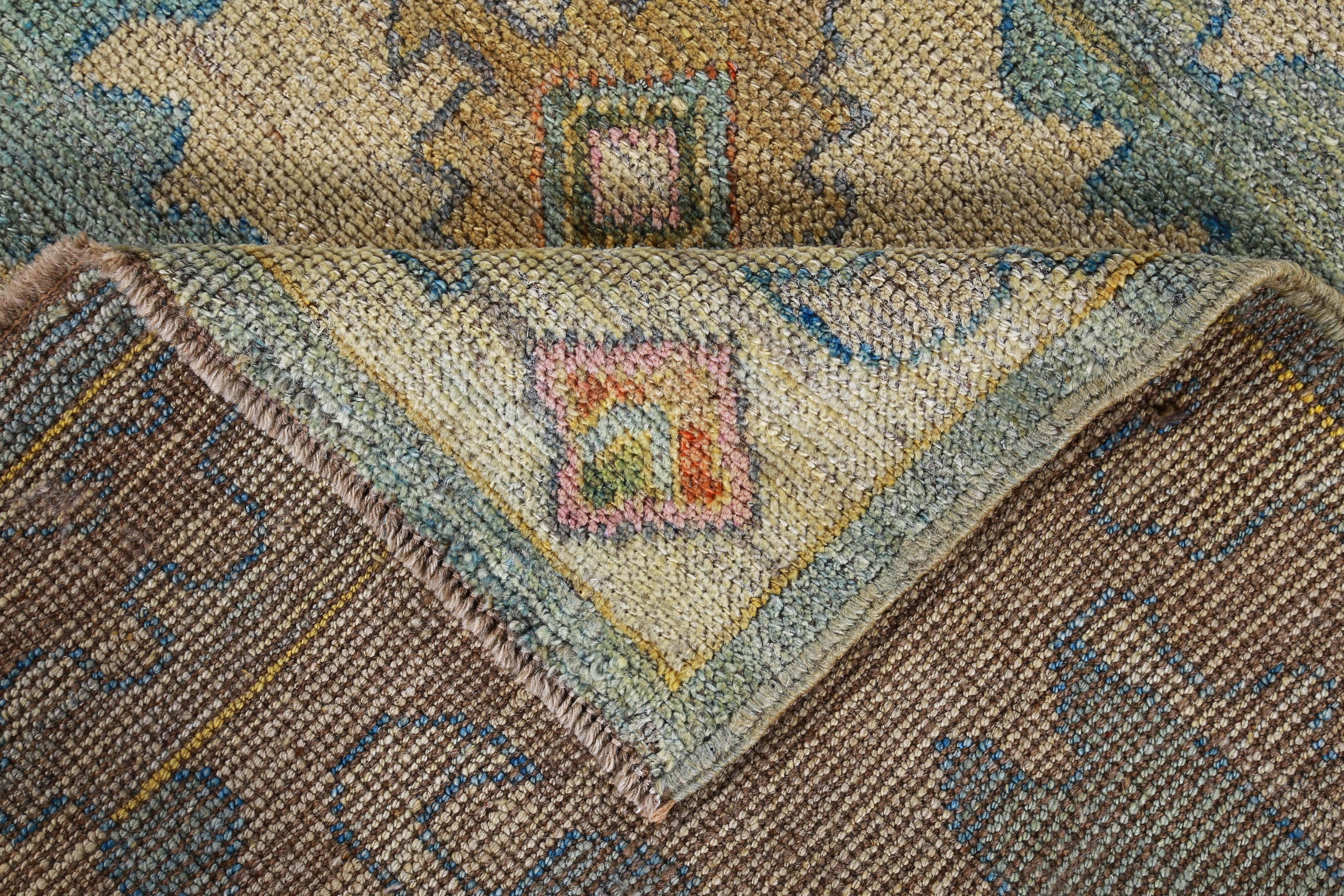 Wool New Turkish Oushak Rug with Blue and Green Floral Details on Beige Field For Sale