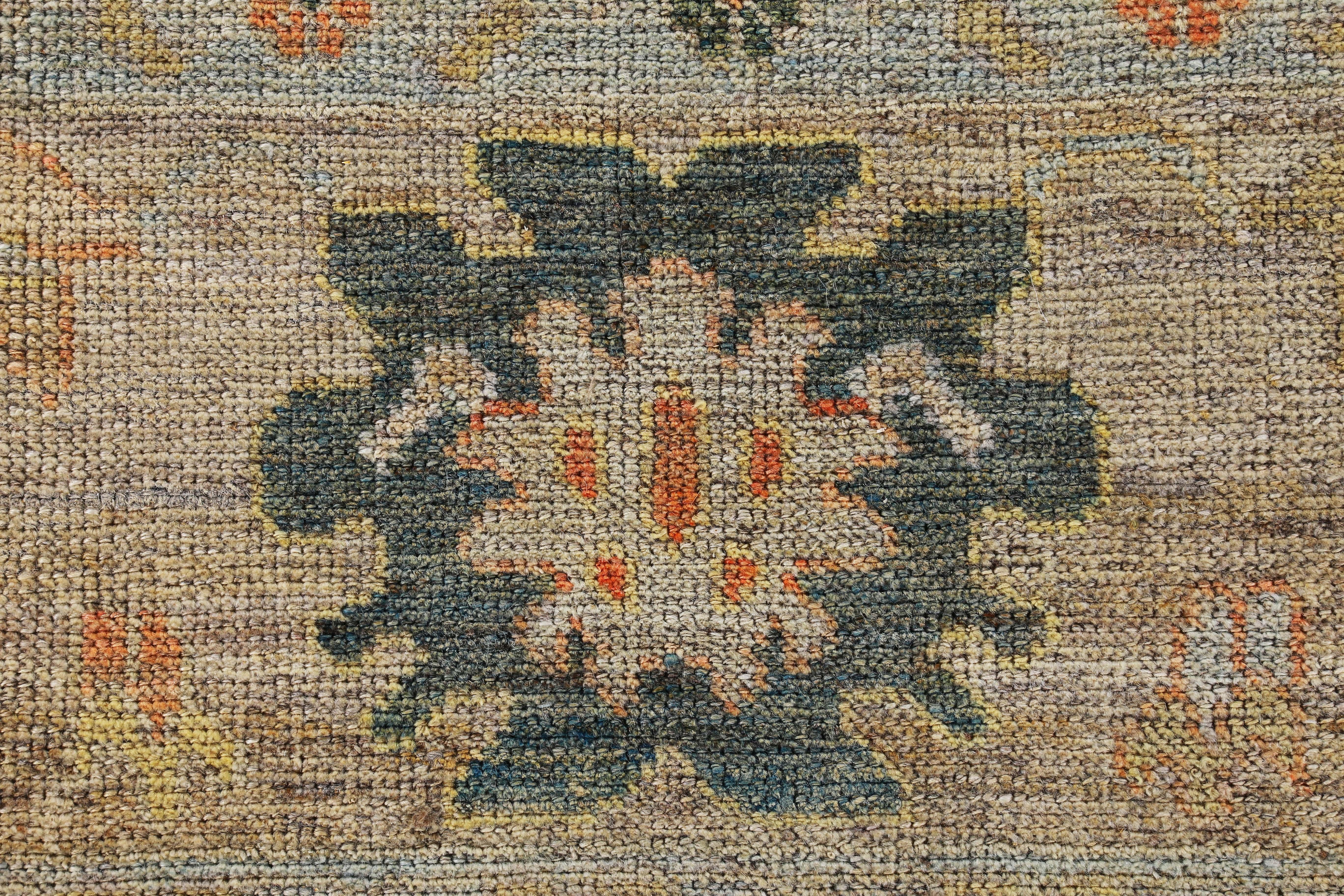 Hand-Woven New Turkish Oushak Rug with Blue and Green Floral Details on Brown Field For Sale