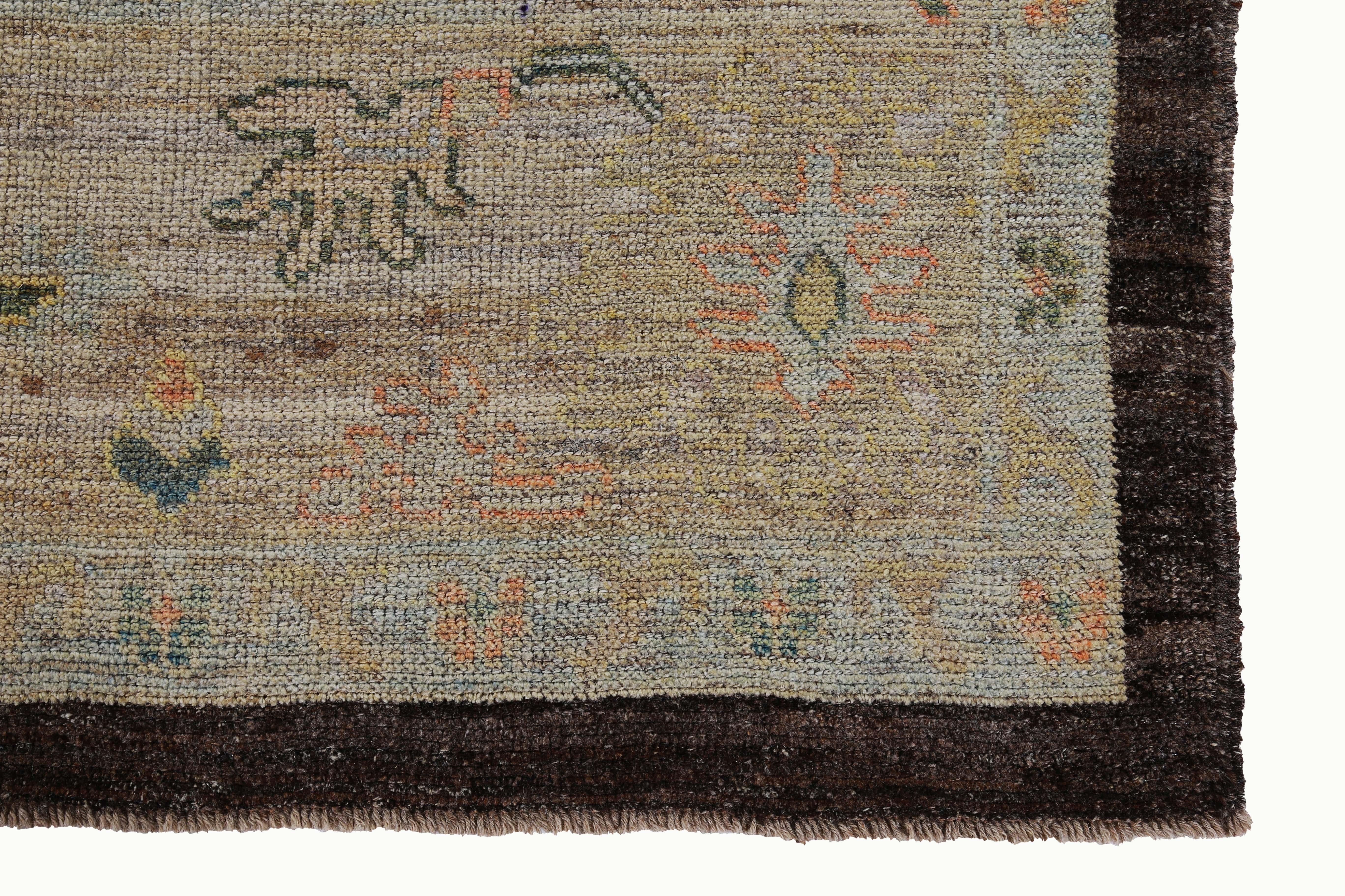 New Turkish Oushak Rug with Blue and Green Floral Details on Brown Field In New Condition For Sale In Dallas, TX