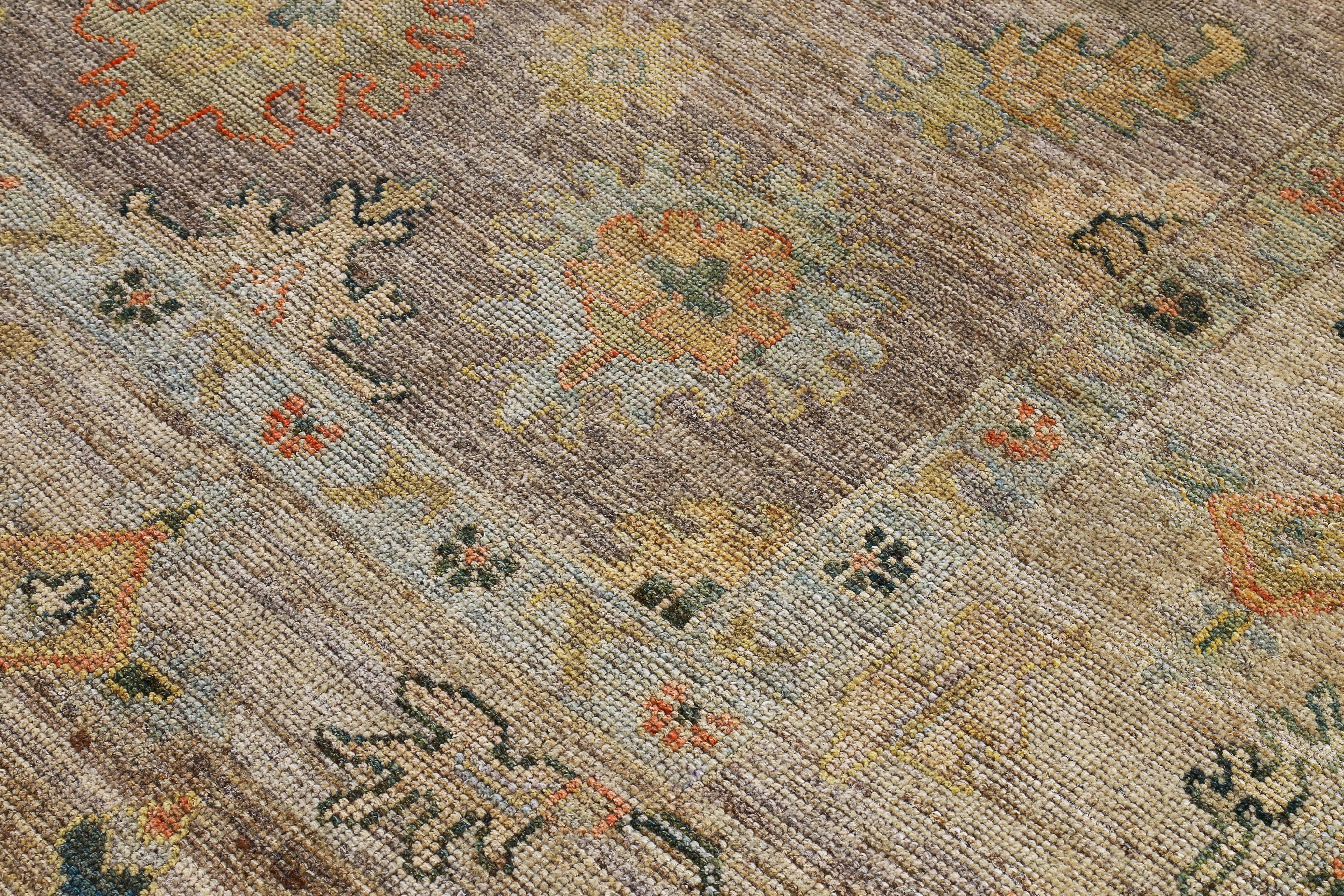 Contemporary New Turkish Oushak Rug with Blue and Green Floral Details on Brown Field For Sale