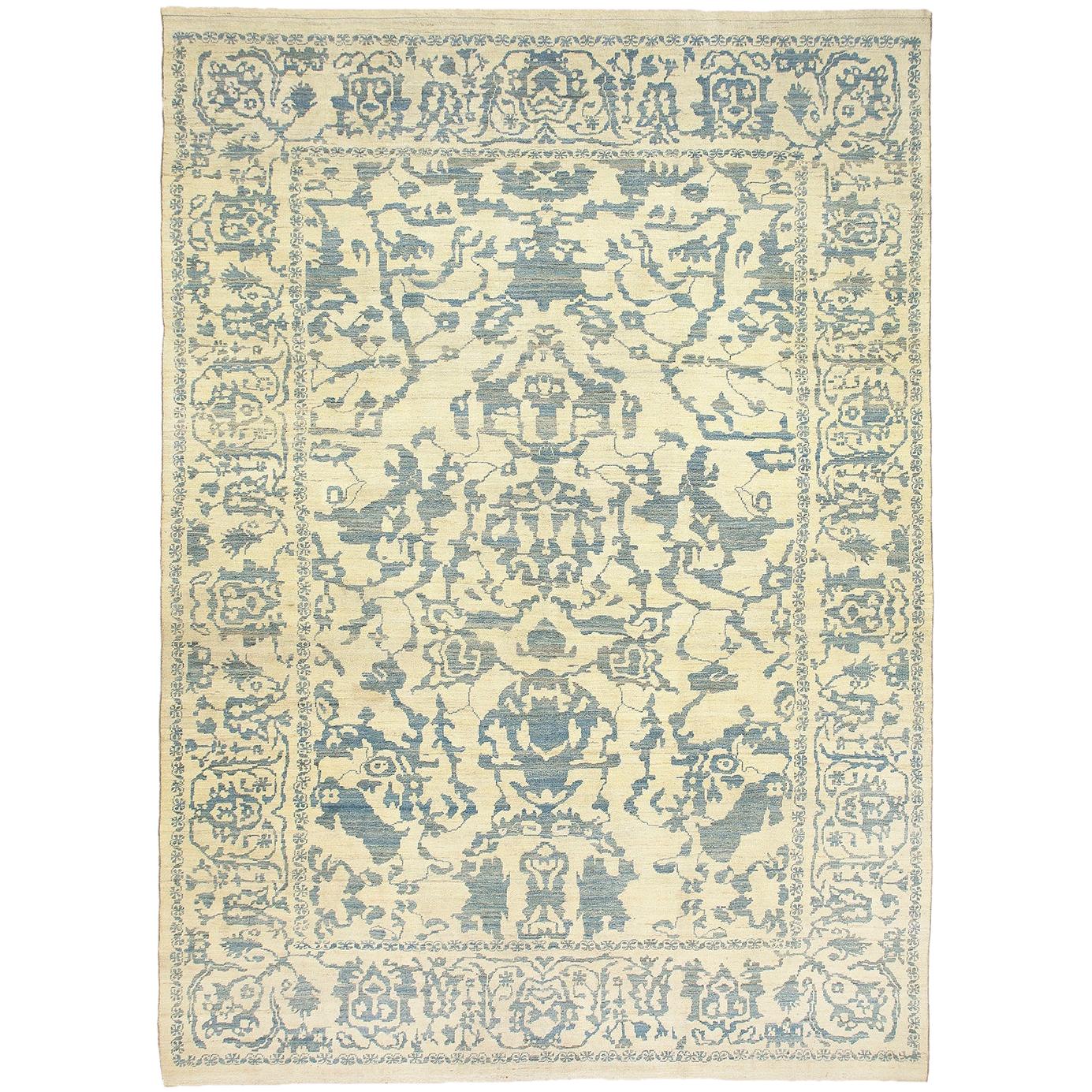 New Turkish Oushak Rug with Blue and Ivory Floral Field For Sale