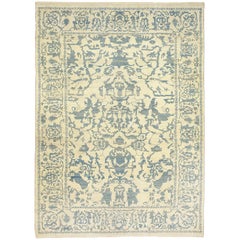 New Turkish Oushak Rug with Blue and Ivory Floral Field