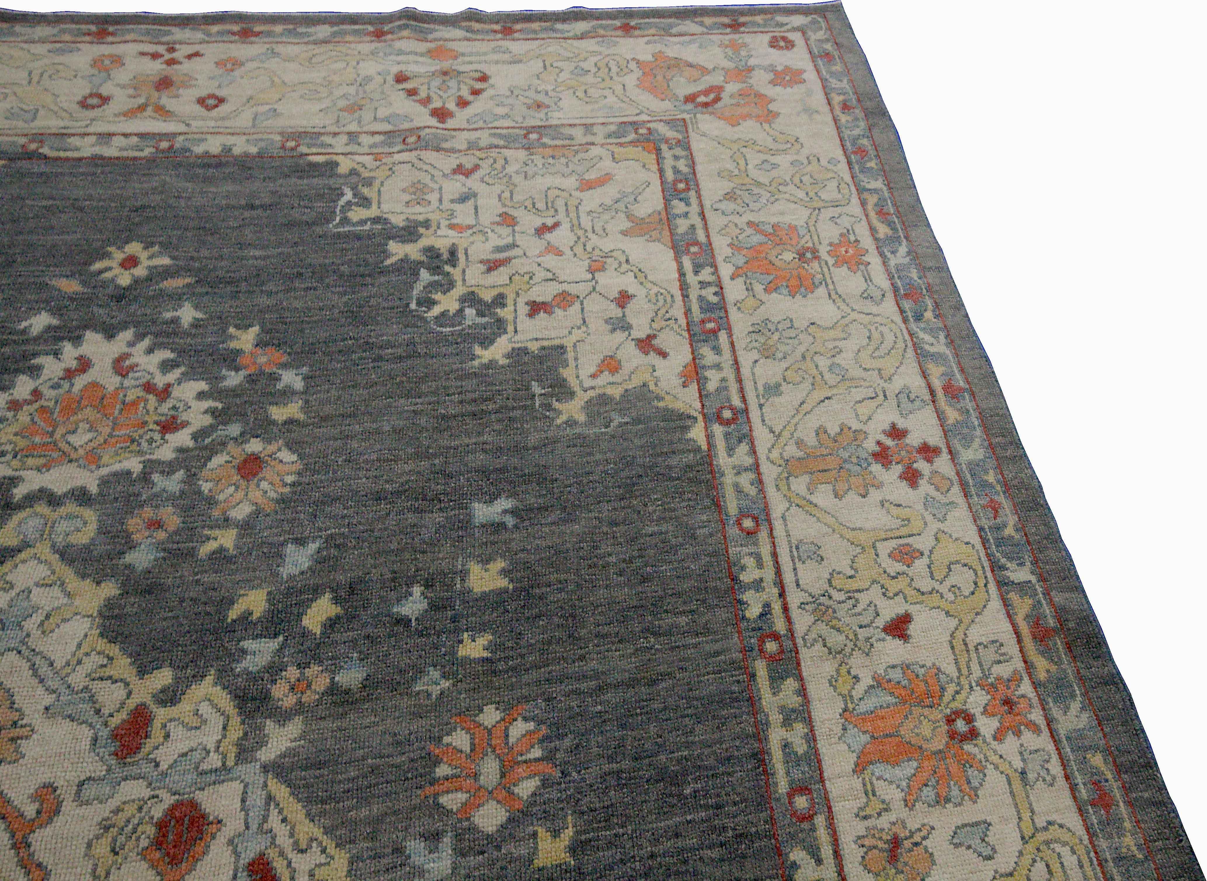 Hand-Woven New Turkish Oushak Rug with Blue and Pink Floral Details on Gray Field For Sale