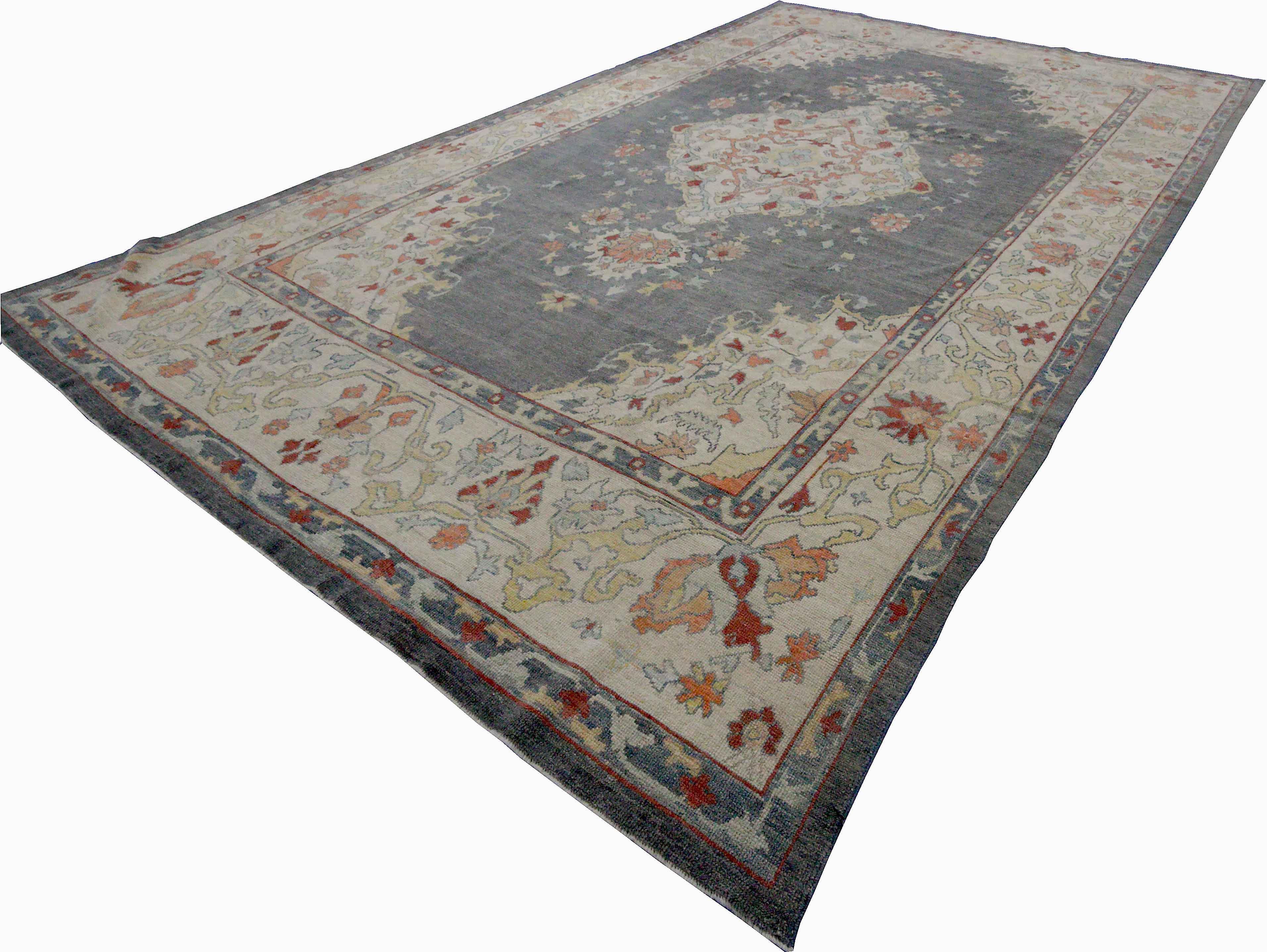 New Turkish Oushak Rug with Blue and Pink Floral Details on Gray Field In New Condition For Sale In Dallas, TX