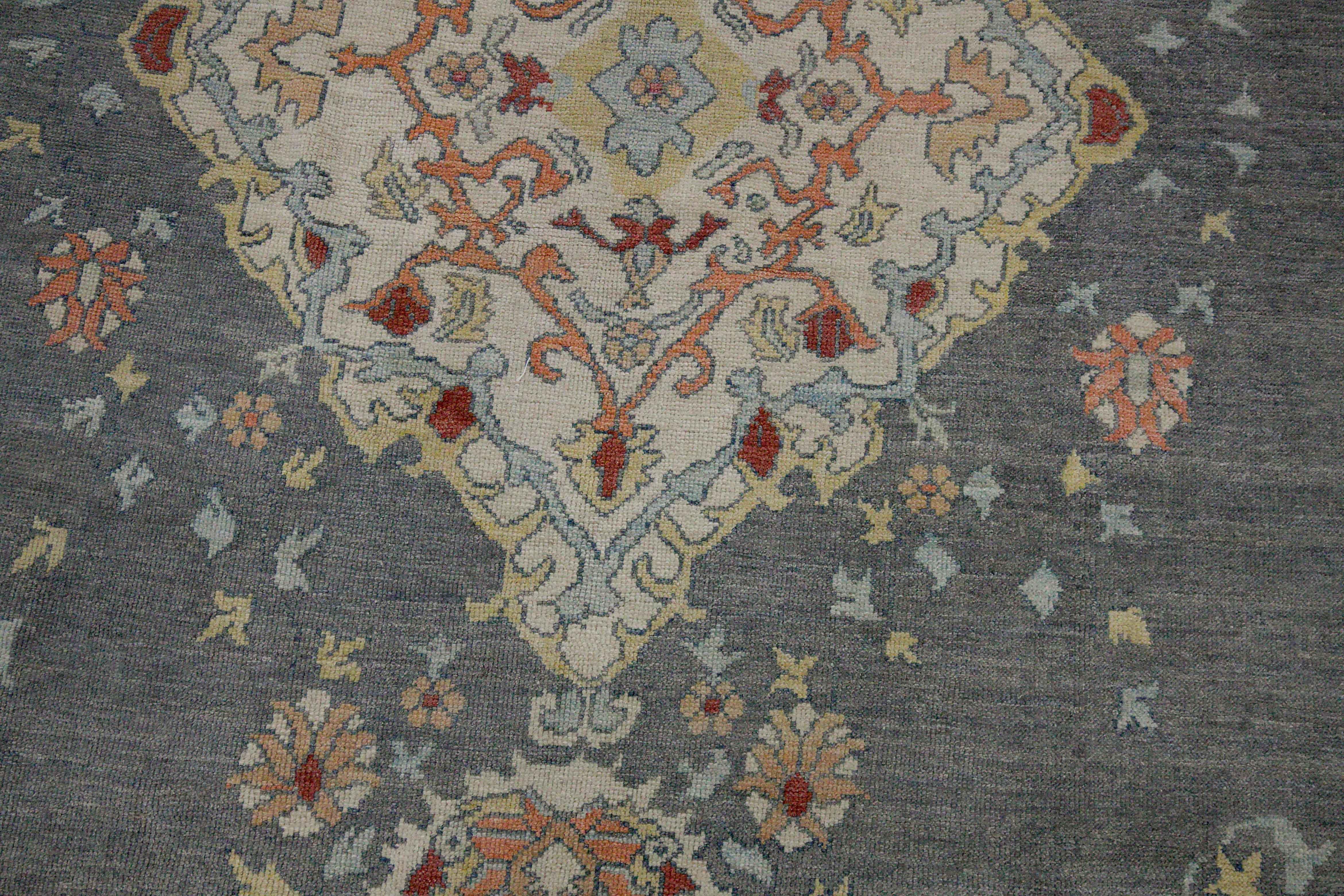 Contemporary New Turkish Oushak Rug with Blue and Pink Floral Details on Gray Field For Sale