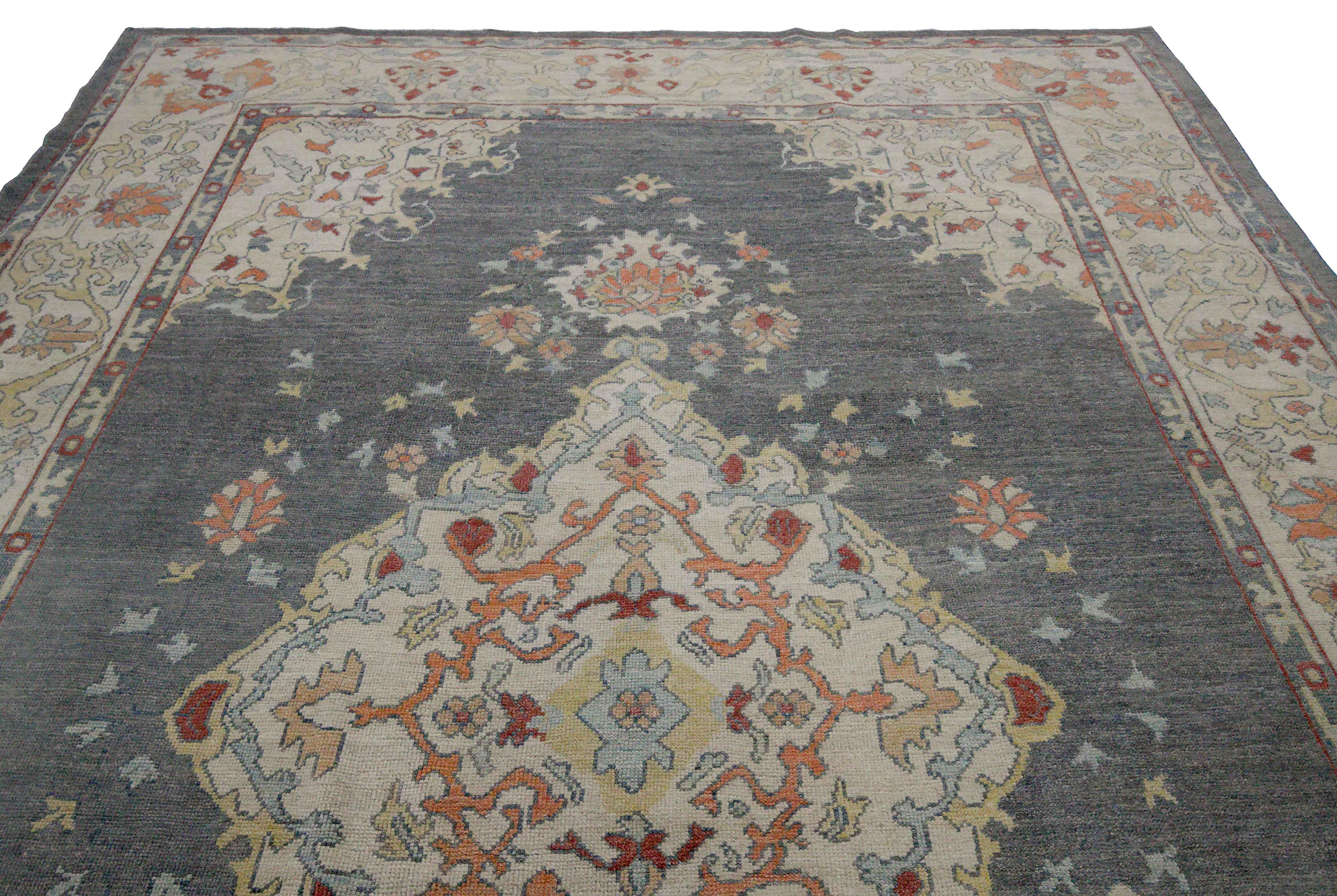 Wool New Turkish Oushak Rug with Blue and Pink Floral Details on Gray Field For Sale