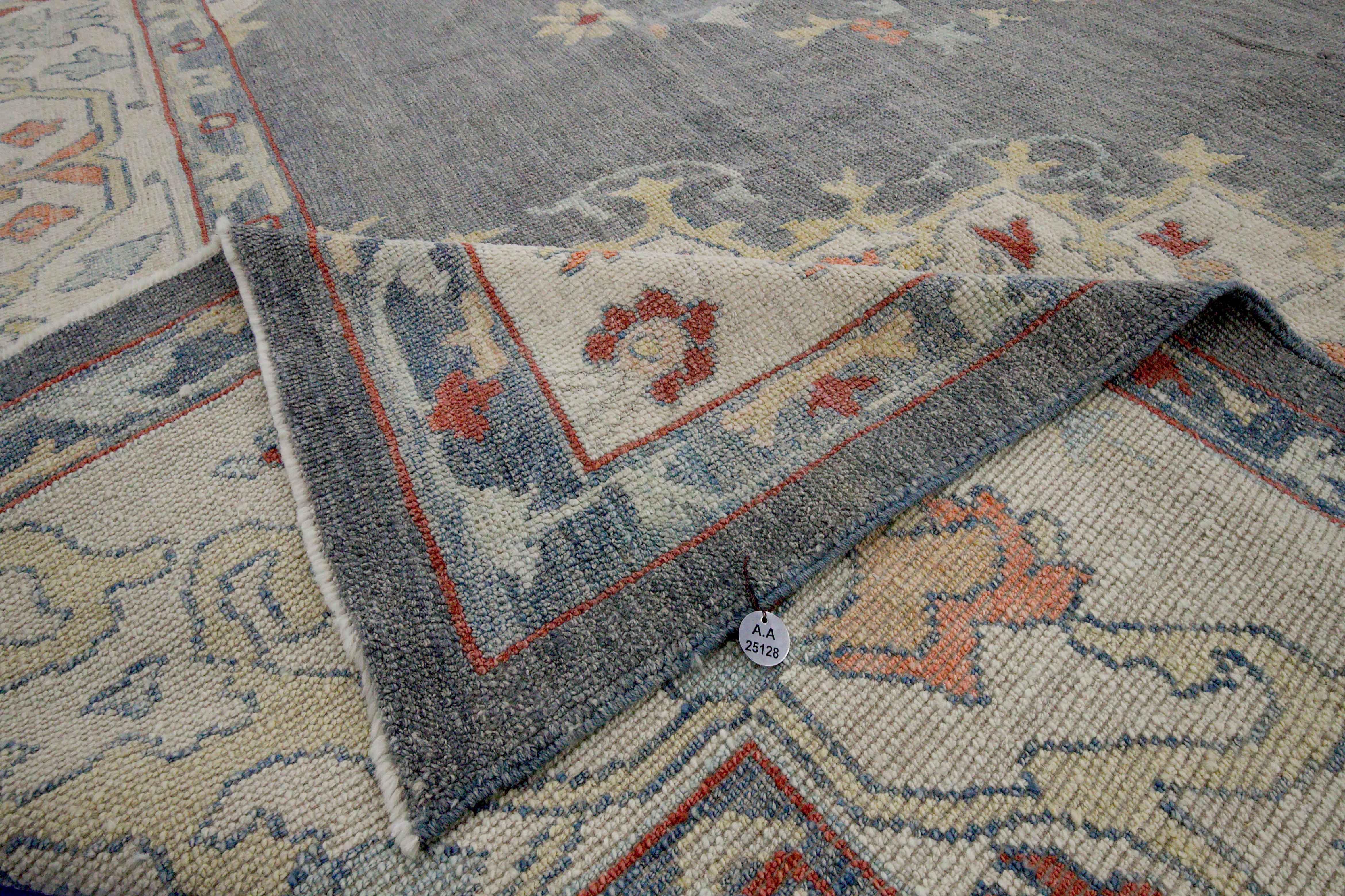 New Turkish Oushak Rug with Blue and Pink Floral Details on Gray Field For Sale 1