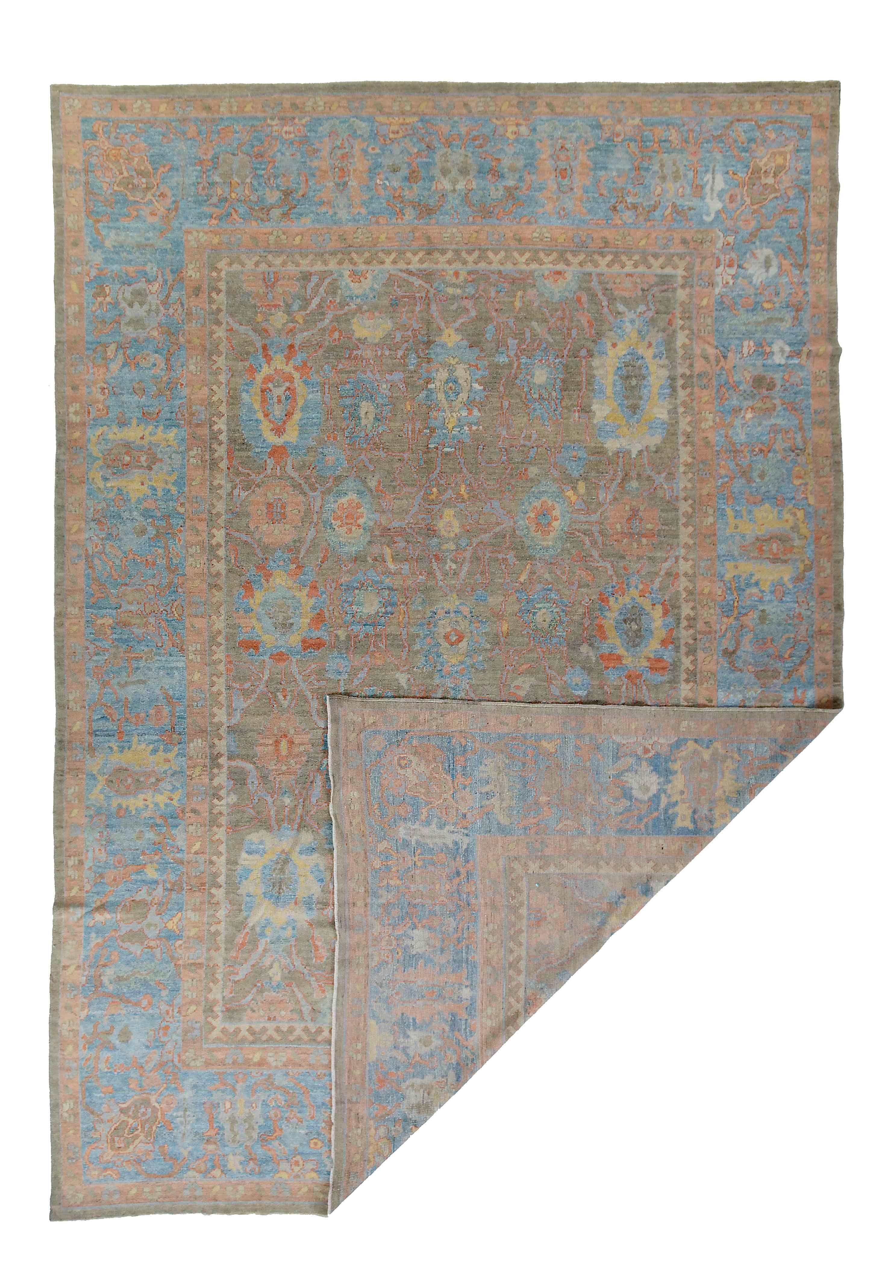 Hand-Woven New Turkish Oushak Rug with Blue & Salmon Floral Details on Gray Field For Sale
