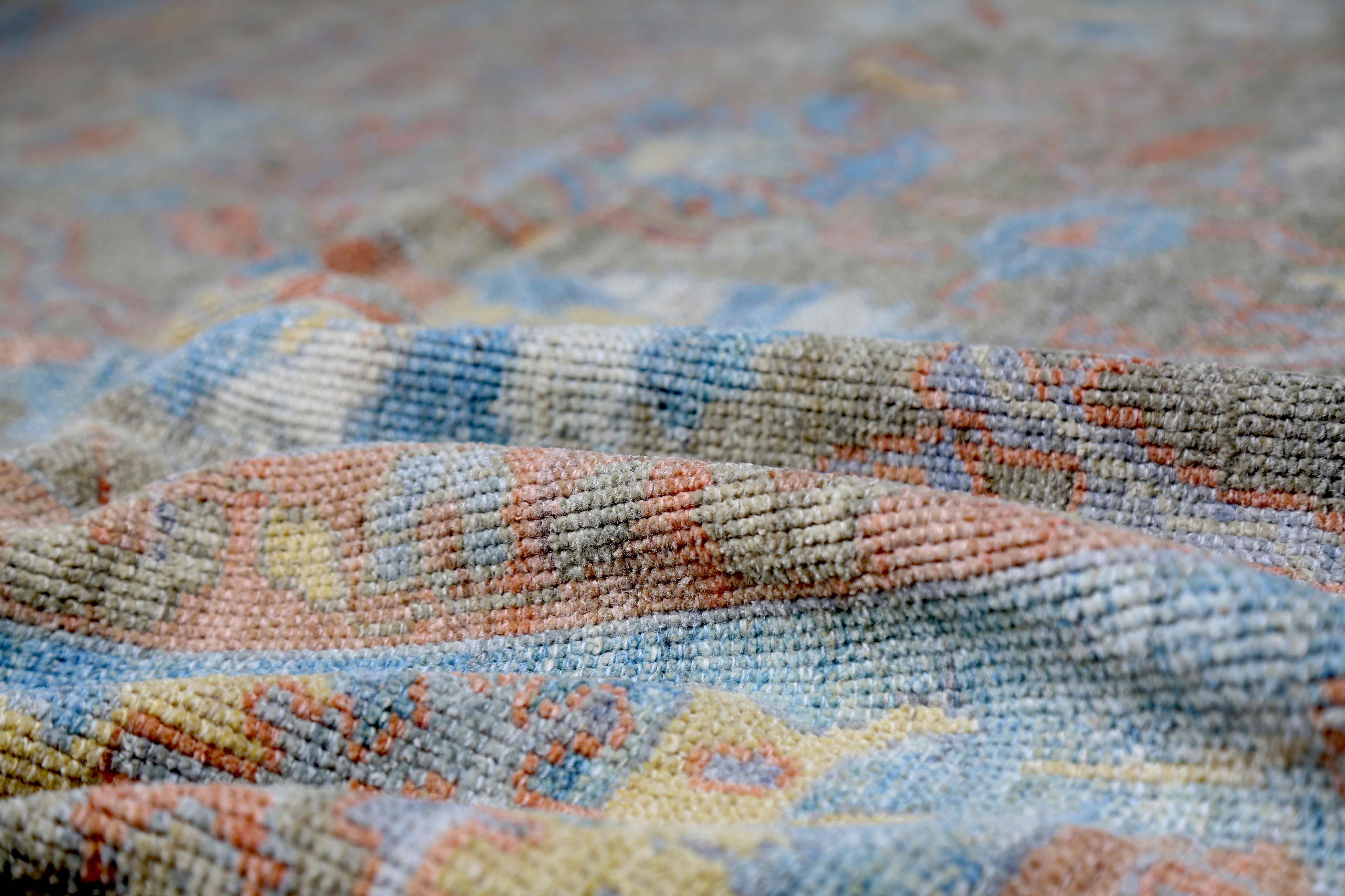 New Turkish Oushak Rug with Blue & Salmon Floral Details on Gray Field In Excellent Condition For Sale In Dallas, TX