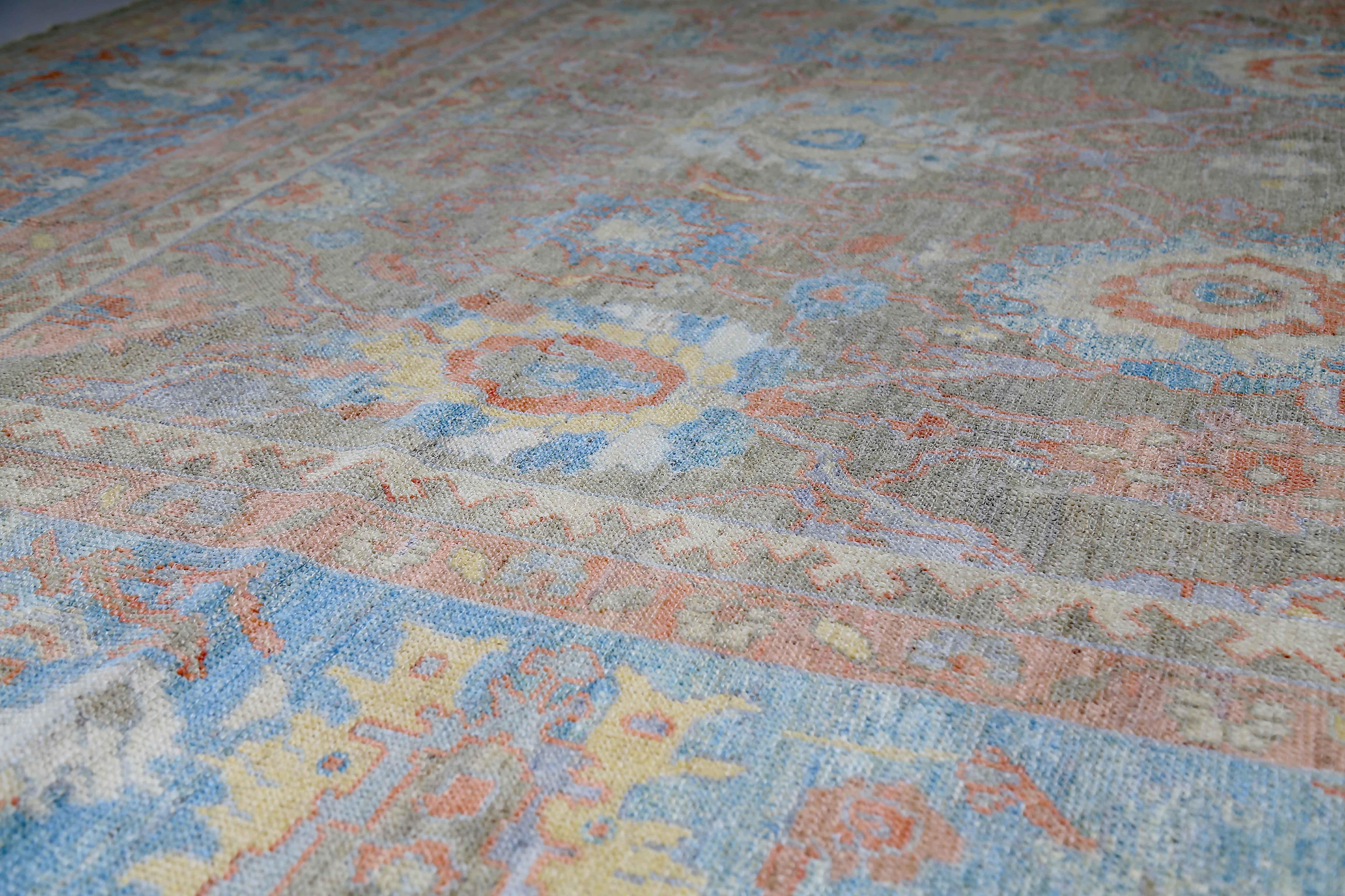 20th Century New Turkish Oushak Rug with Blue & Salmon Floral Details on Gray Field For Sale