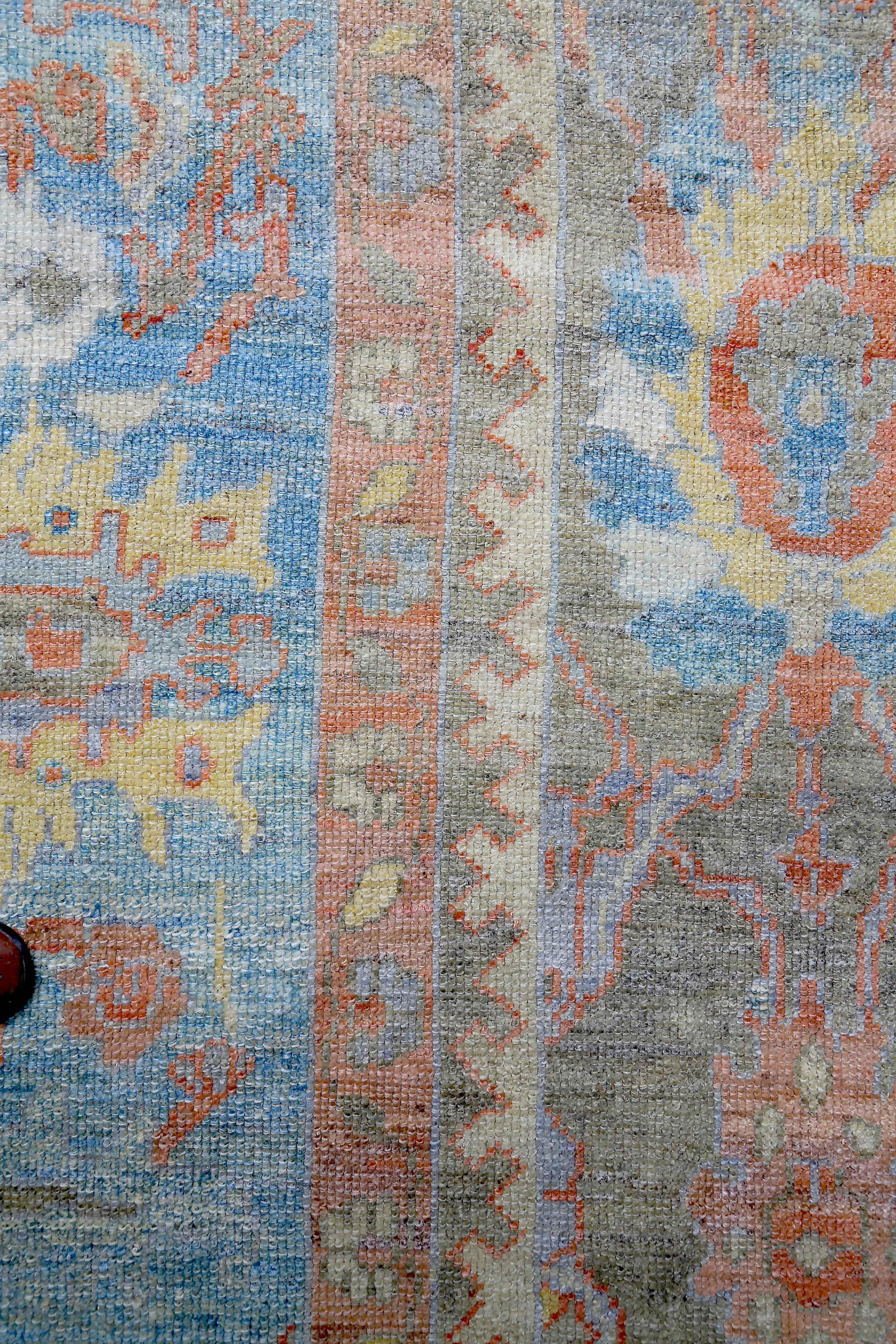 Wool New Turkish Oushak Rug with Blue & Salmon Floral Details on Gray Field For Sale