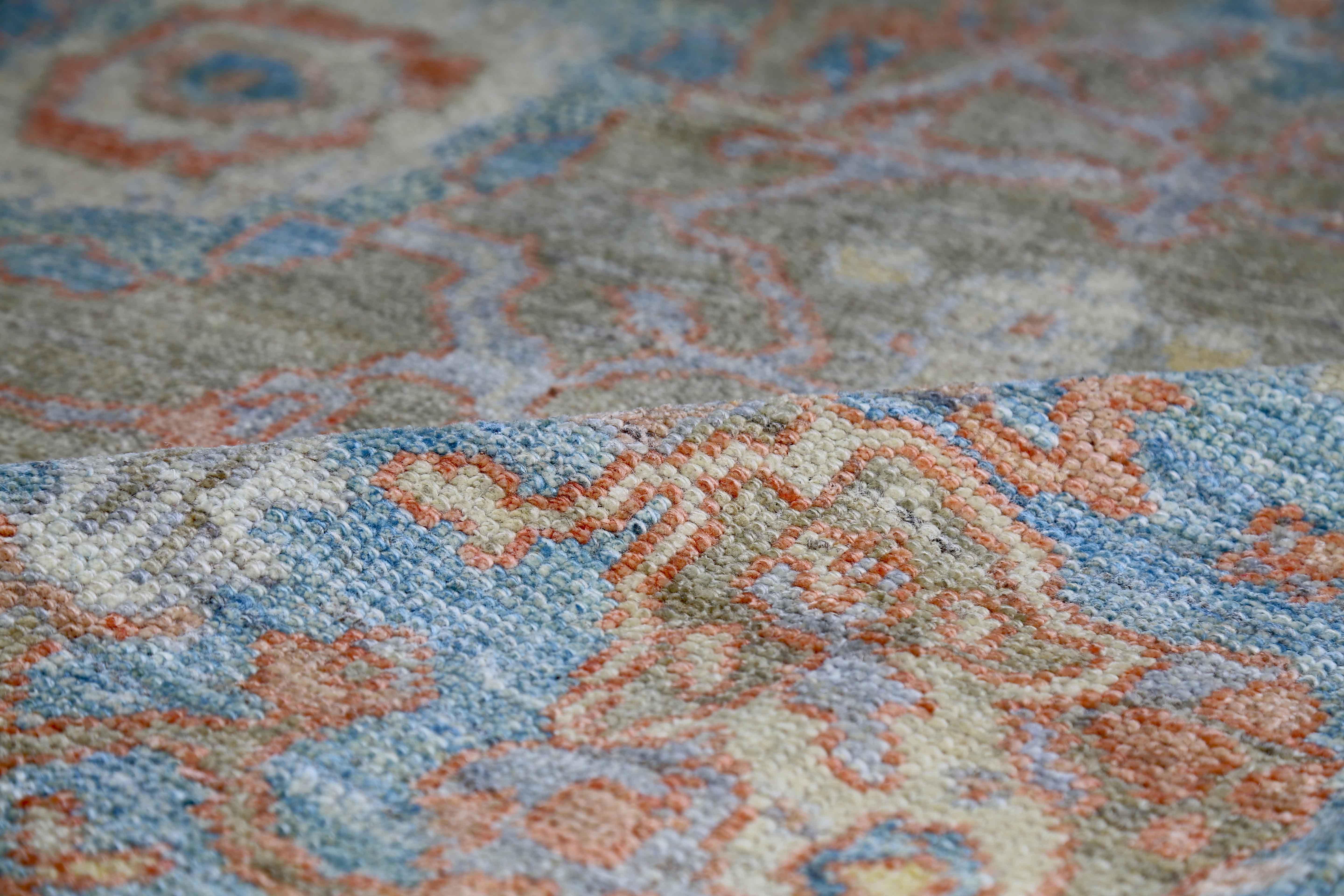New Turkish Oushak Rug with Blue & Salmon Floral Details on Gray Field For Sale 2