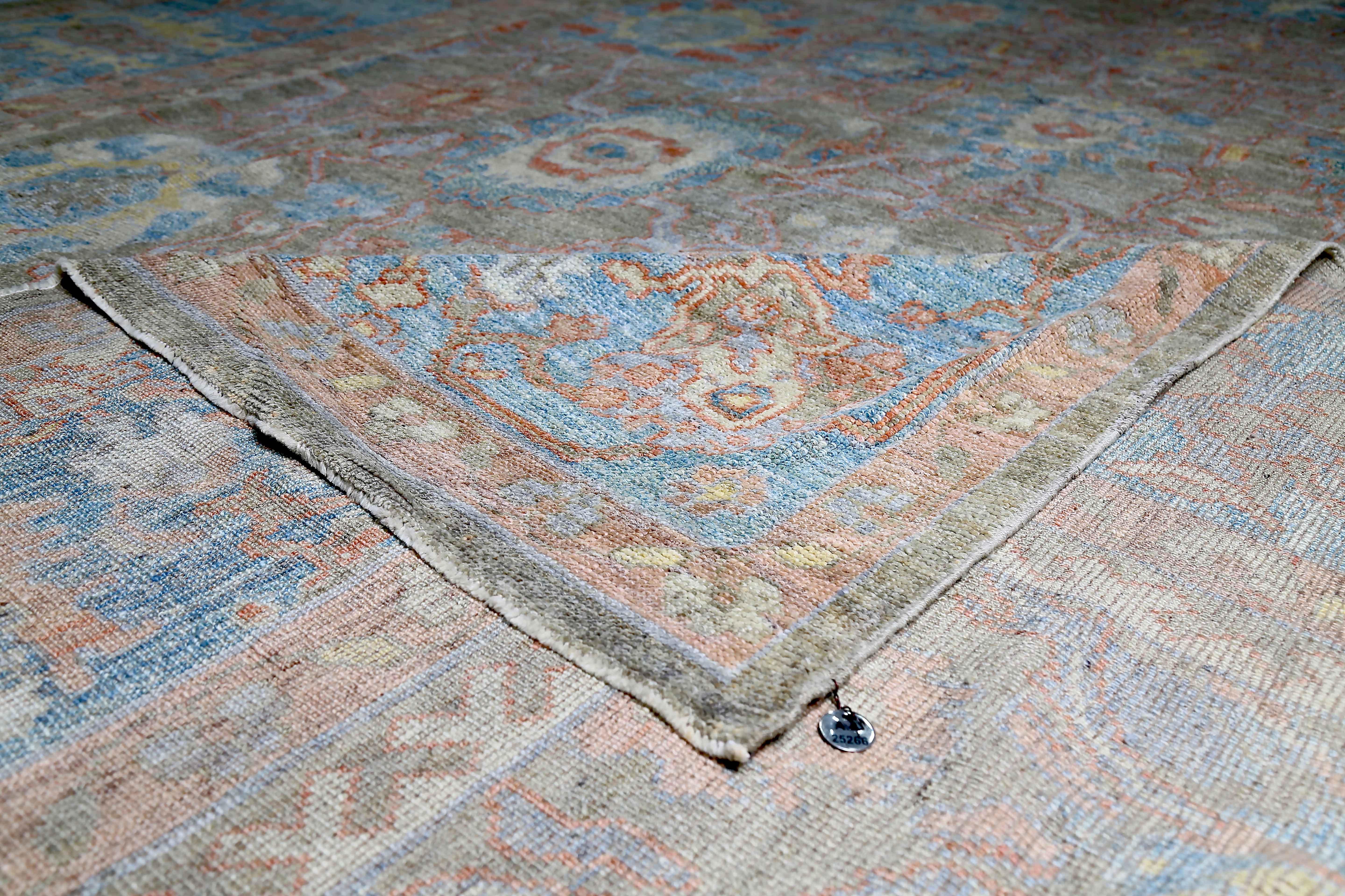 New Turkish Oushak Rug with Blue & Salmon Floral Details on Gray Field For Sale 3