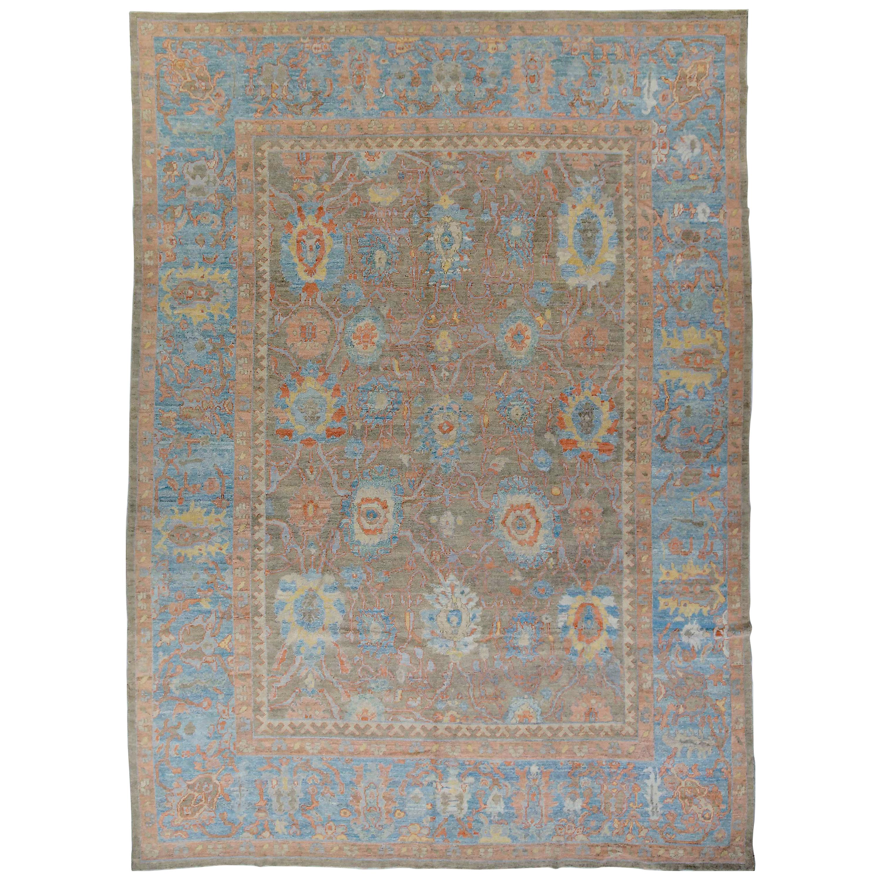 New Turkish Oushak Rug with Blue & Salmon Floral Details on Gray Field For Sale
