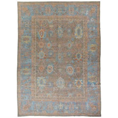 New Turkish Oushak Rug with Blue & Salmon Floral Details on Gray Field
