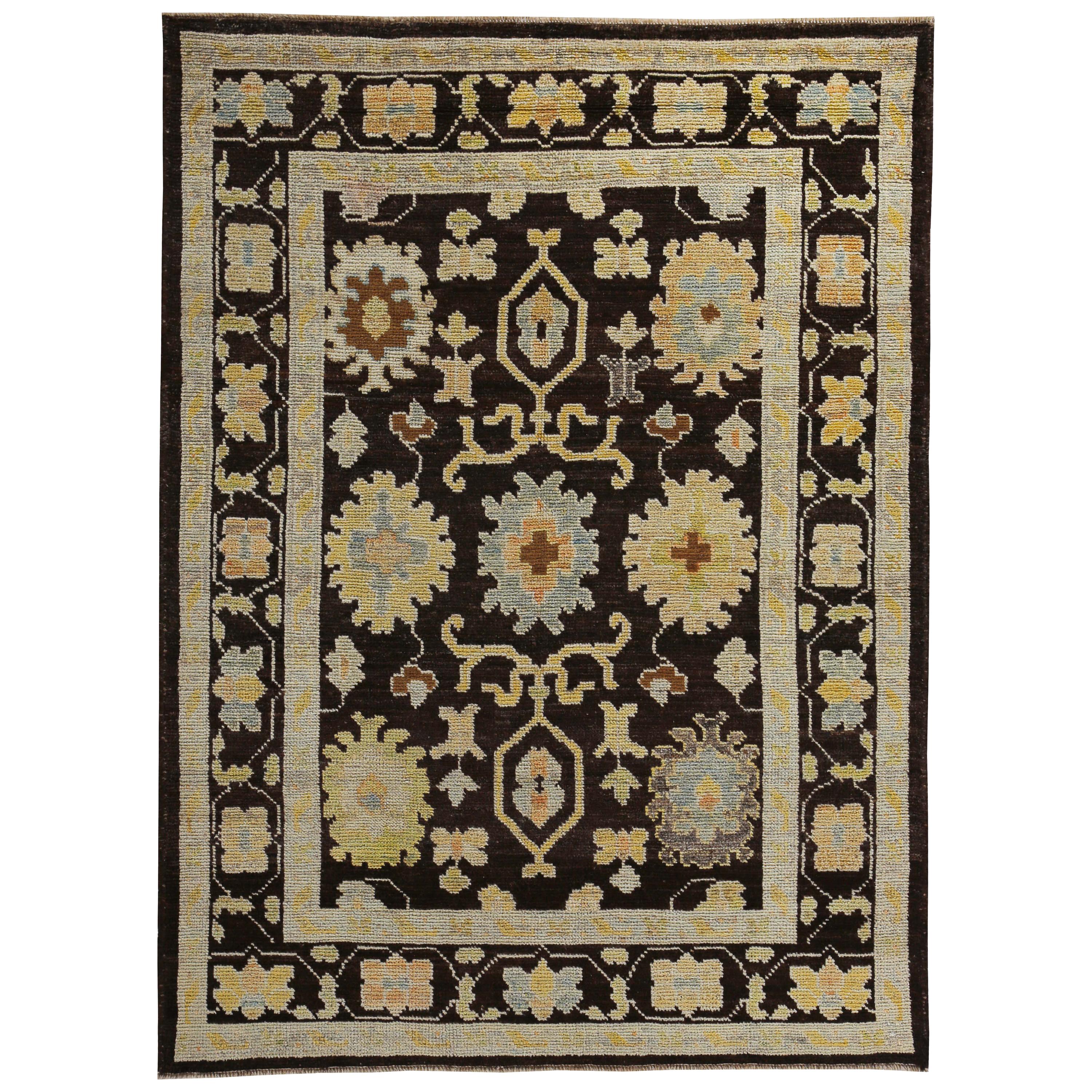 New Turkish Oushak Rug with Blue, Yellow and Green Floral Details on Brown Field