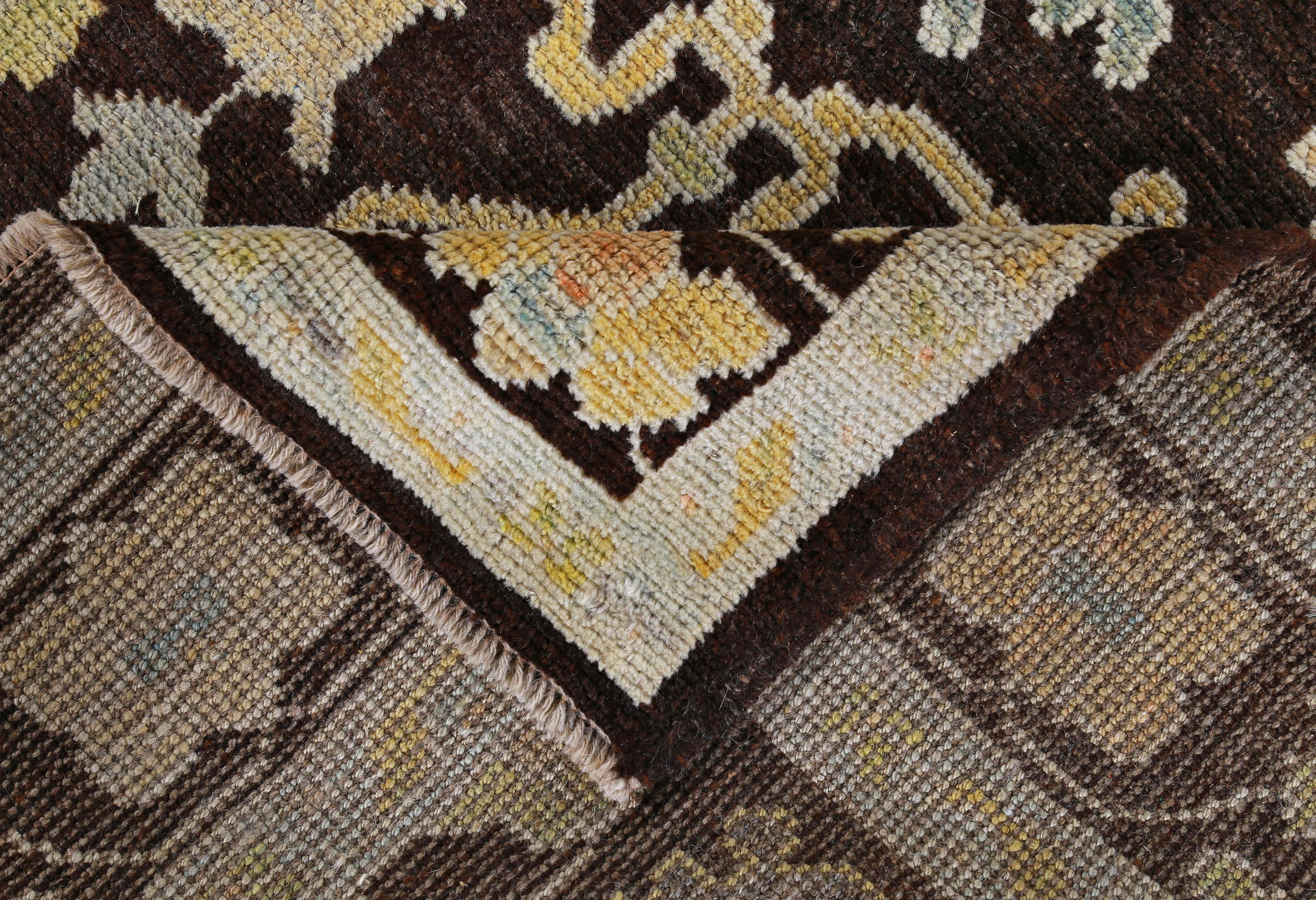 New Turkish Oushak Rug with Blue, Yellow and Green Floral Details on Brown Field In New Condition For Sale In Dallas, TX