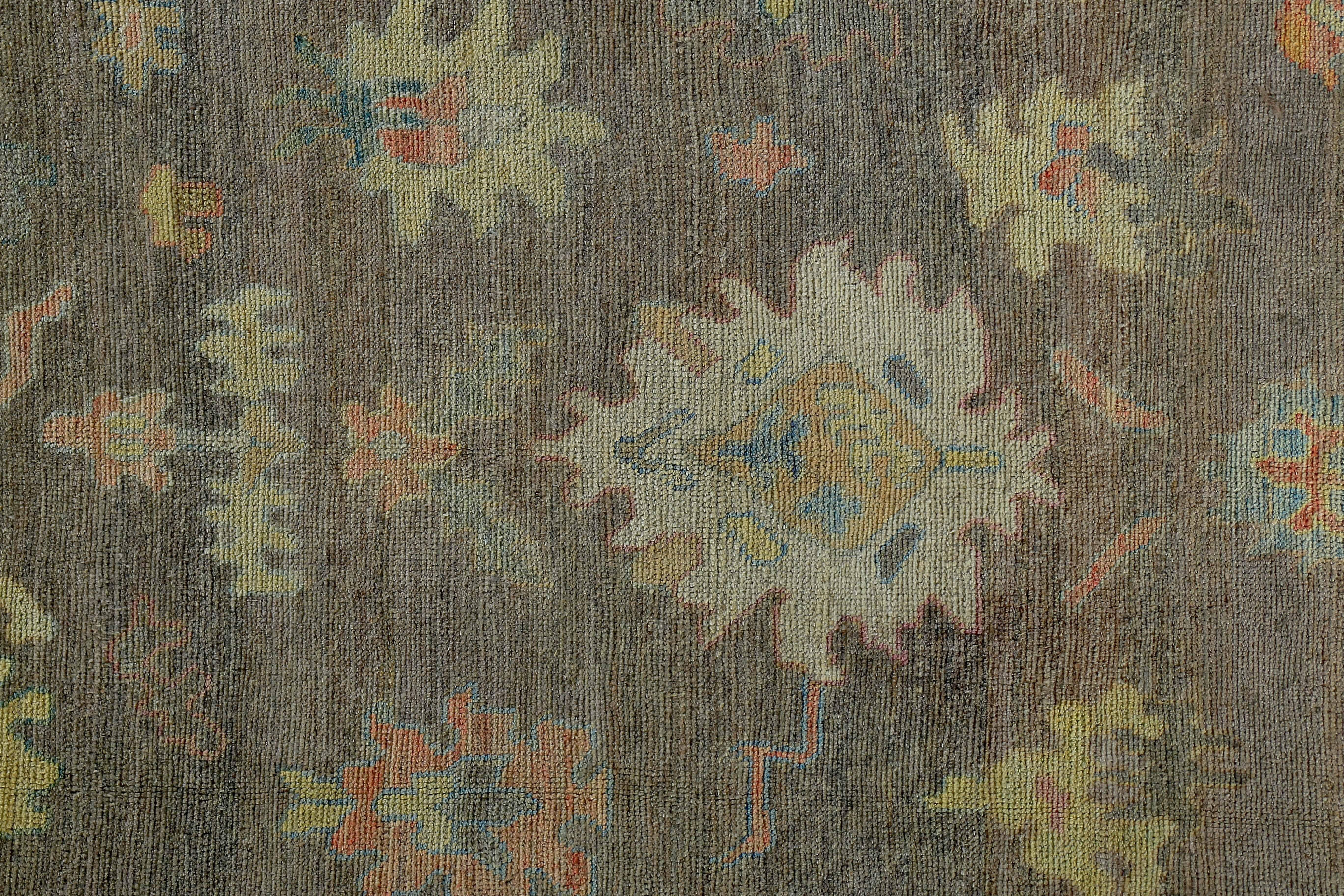 Hand-Woven New Turkish Oushak Rug with Bright Colored Flower Heads on Brown Field For Sale