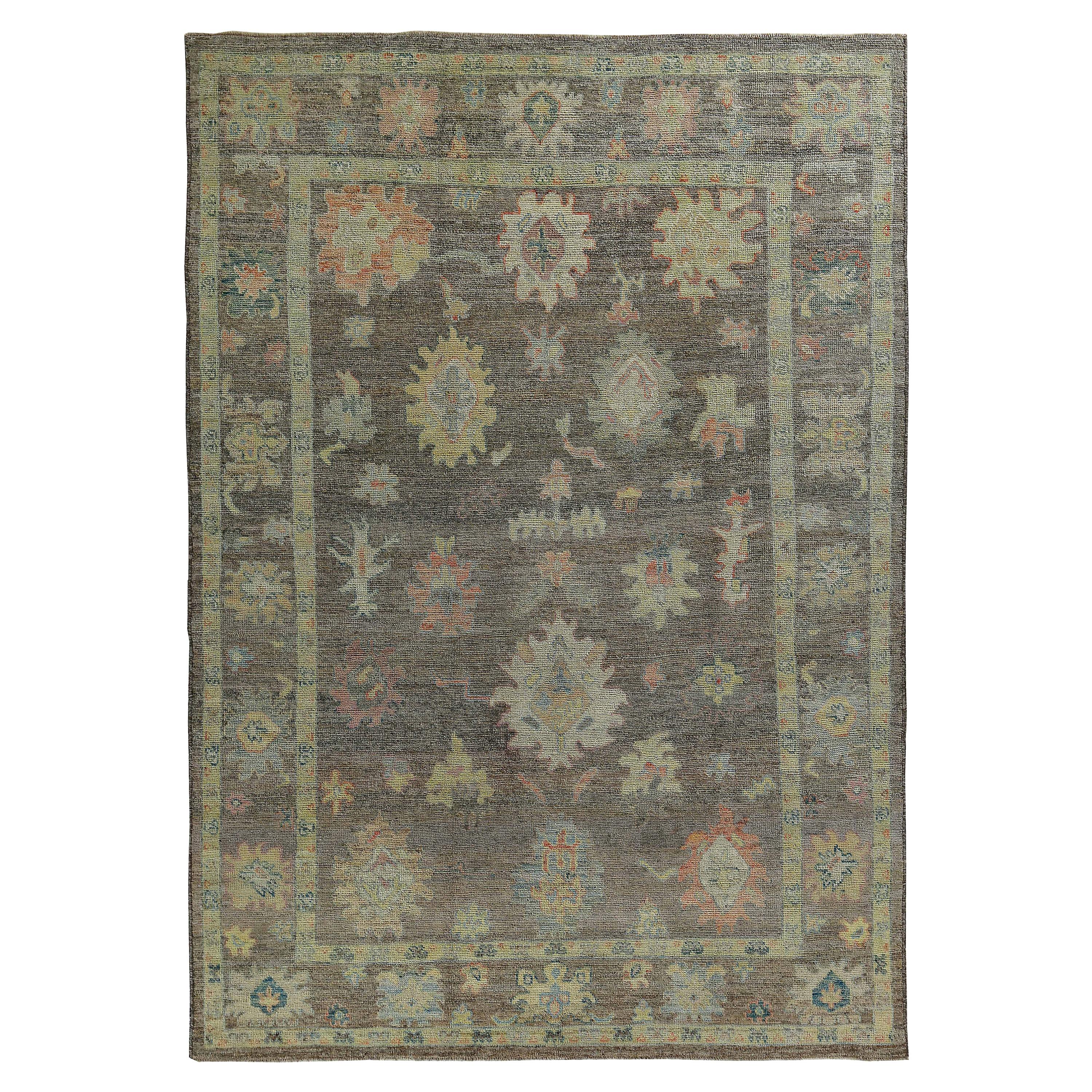 New Turkish Oushak Rug with Bright Colored Flower Heads on Brown Field For Sale