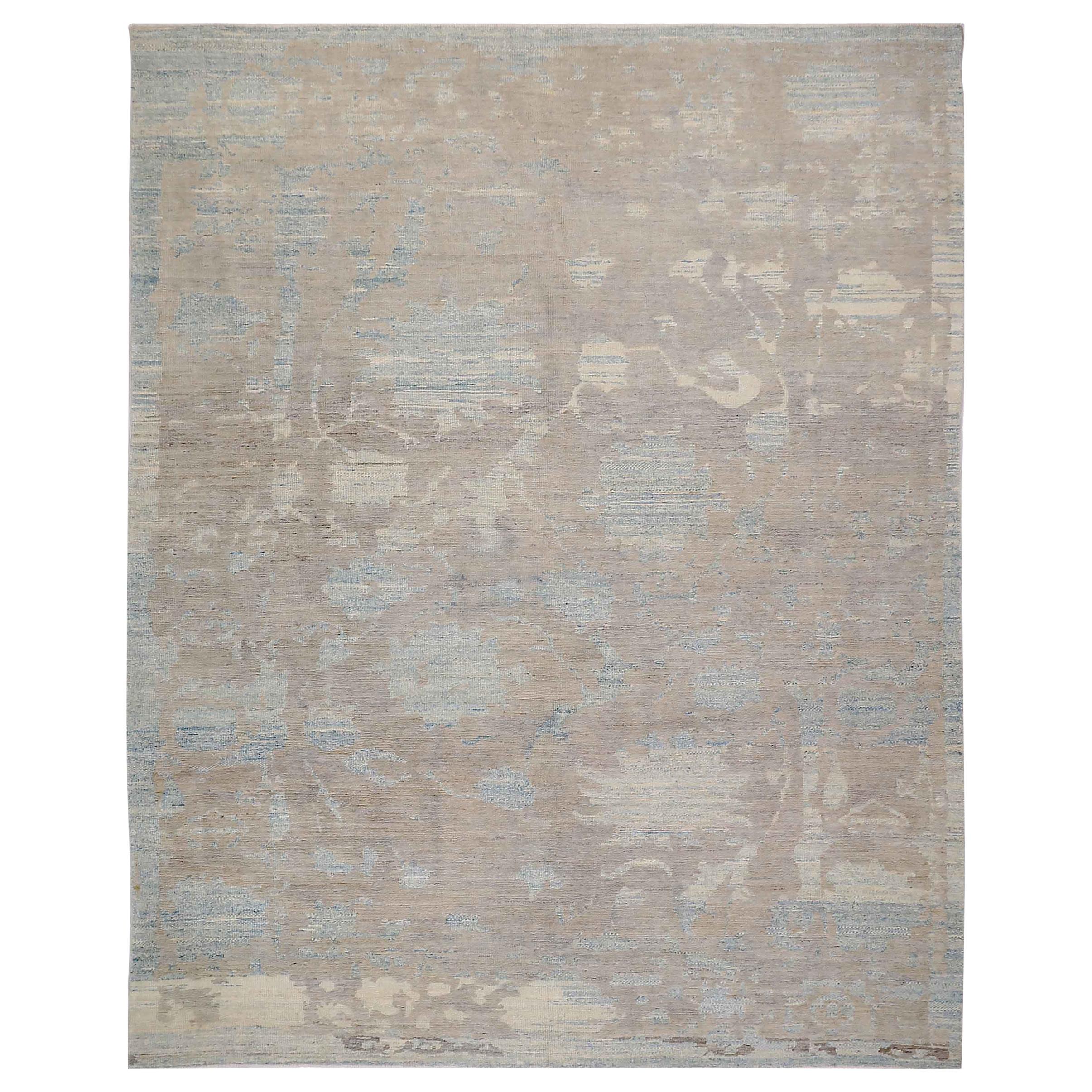 New Turkish Oushak Rug with Brown and Beige Floral Details on Blue Field