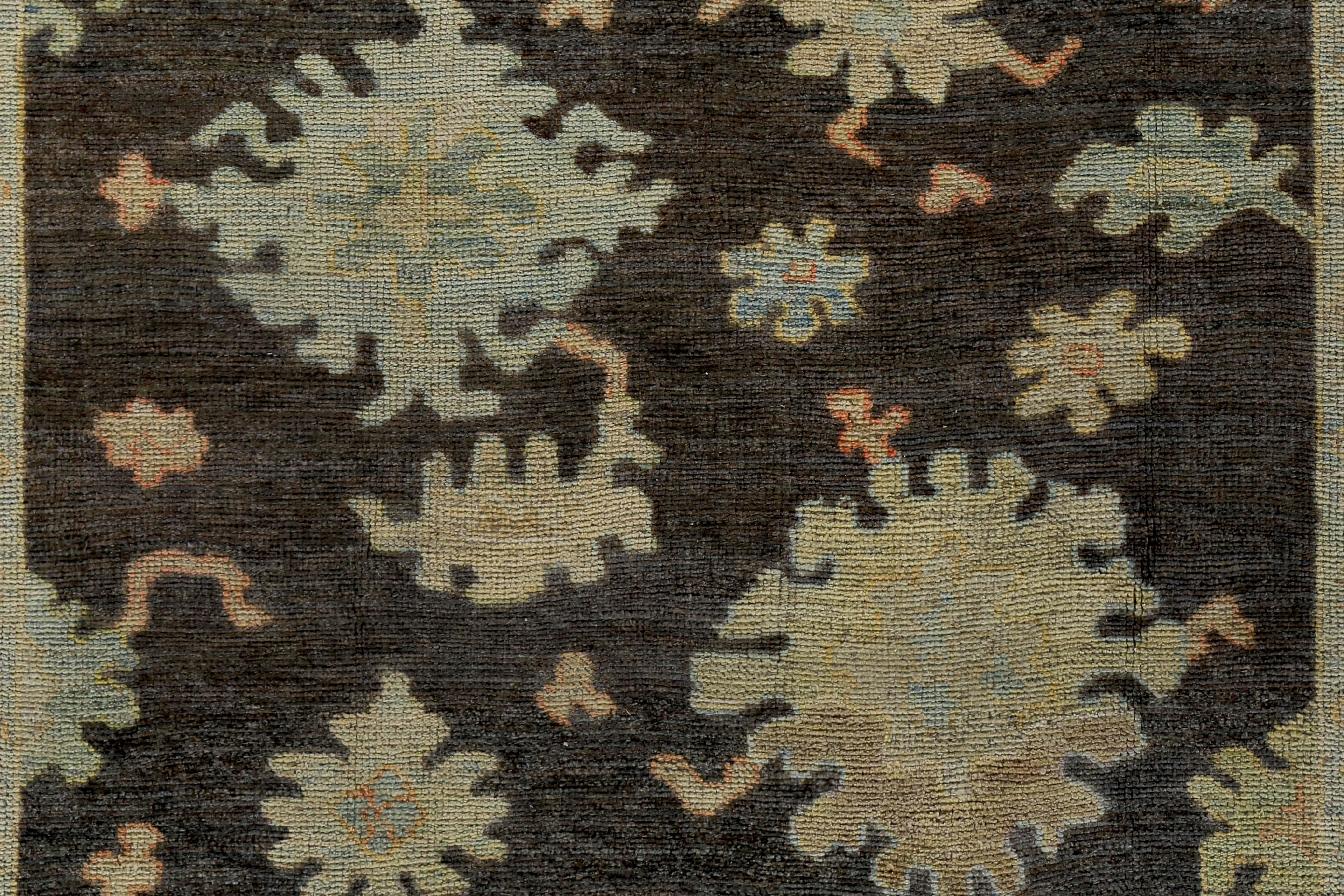 New Turkish Oushak Rug with Brown, Yellow and Blue Floral Details on Brown Field In New Condition For Sale In Dallas, TX