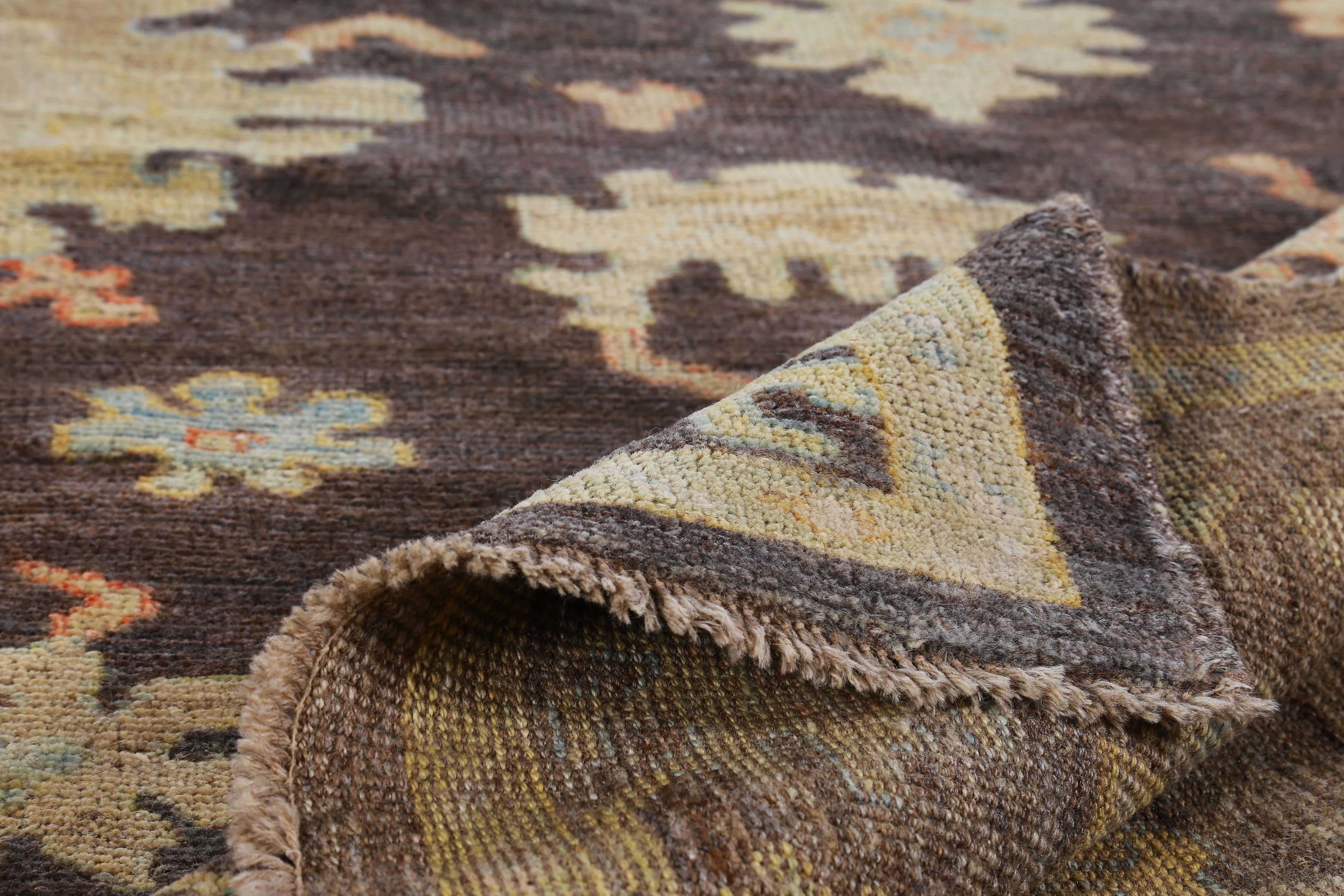 Contemporary New Turkish Oushak Rug with Brown, Yellow and Blue Floral Details on Brown Field For Sale
