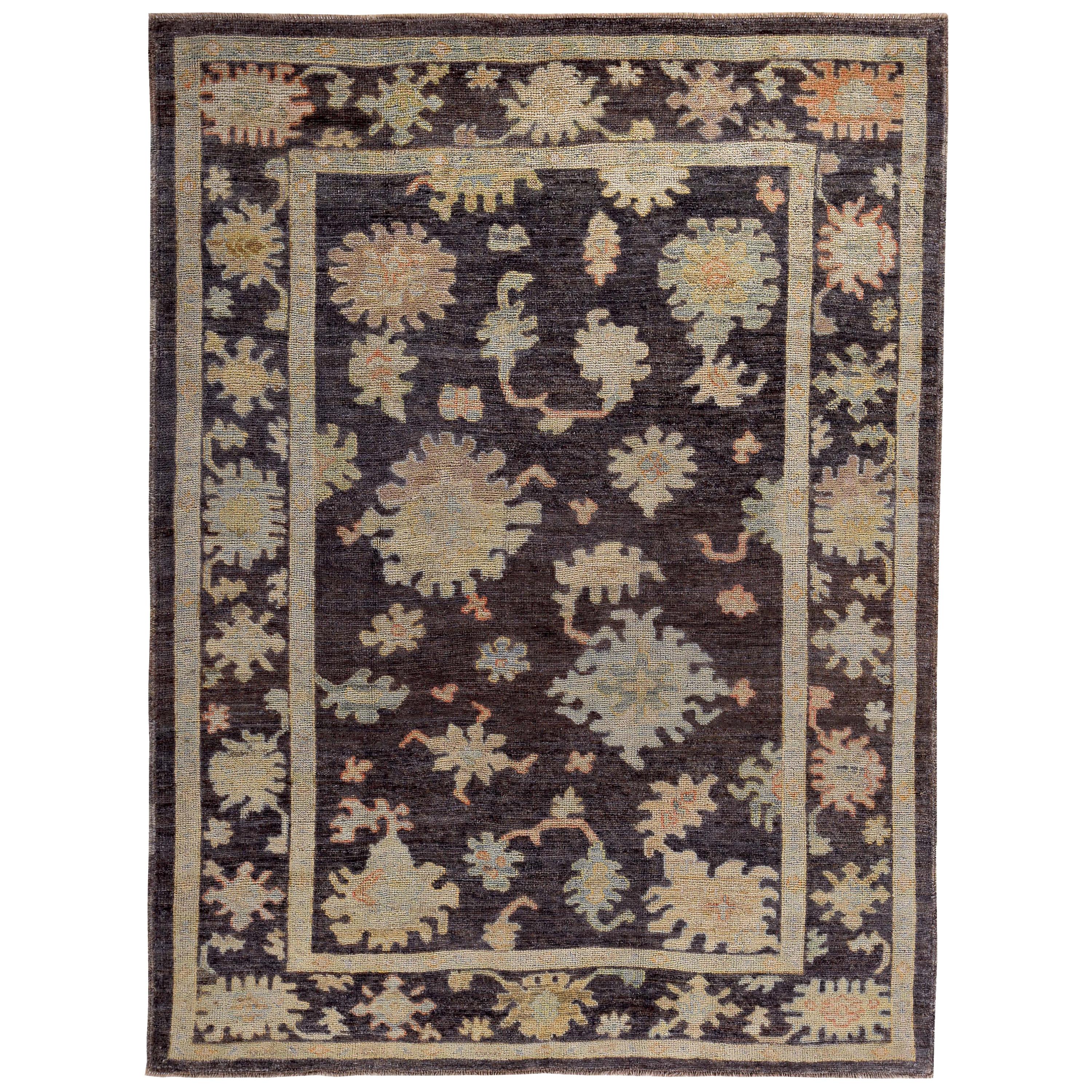 New Turkish Oushak Rug with Brown, Yellow and Blue Floral Details on Brown Field For Sale