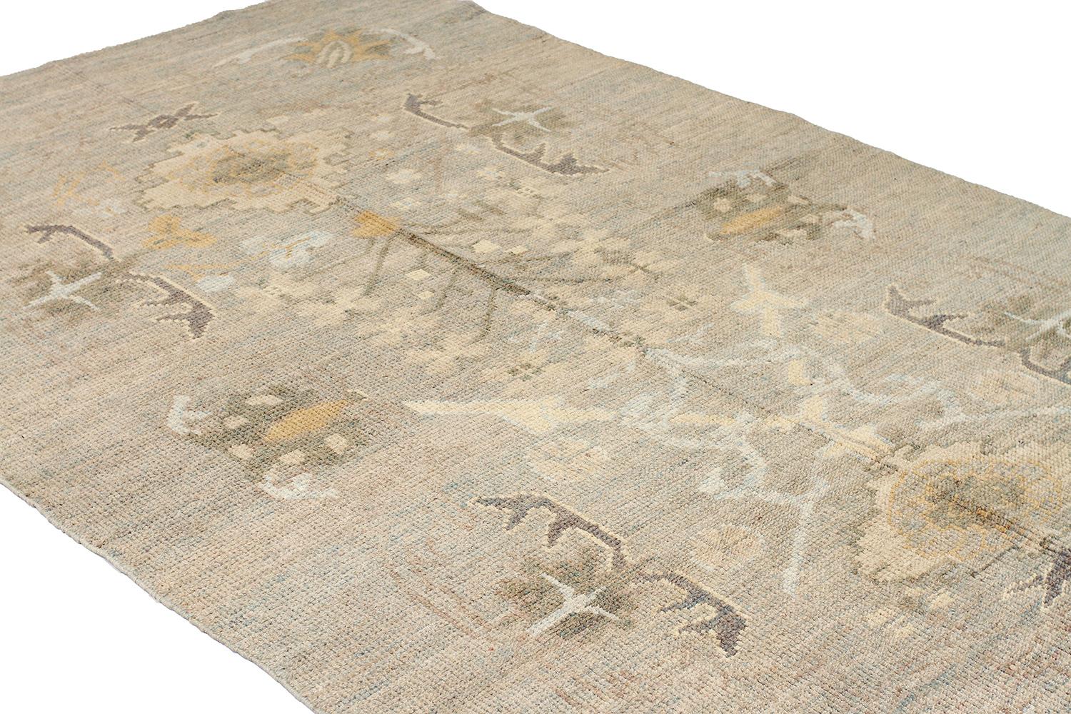 Hand-Woven New Turkish Oushak Rug with Gray and Beige Botanical Details For Sale