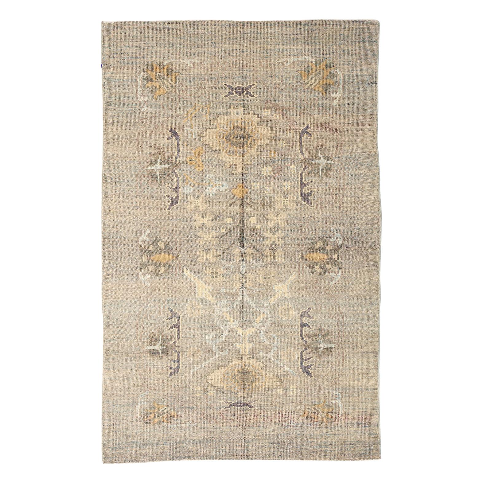 New Turkish Oushak Rug with Gray and Beige Botanical Details For Sale