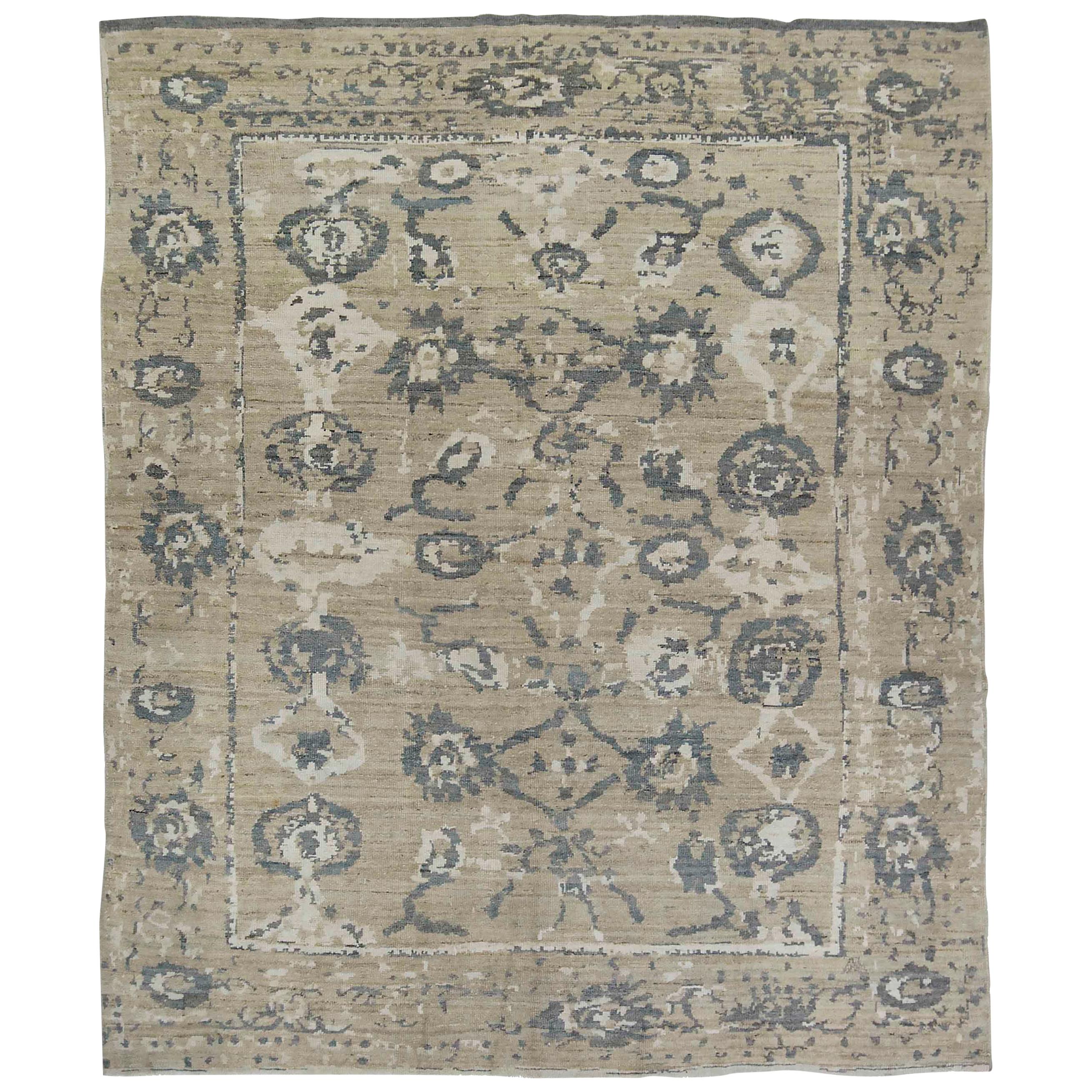 New Turkish Oushak Rug with Gray and White Floral Patterns on Beige Field For Sale