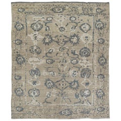 New Turkish Oushak Rug with Gray and White Floral Patterns on Beige Field