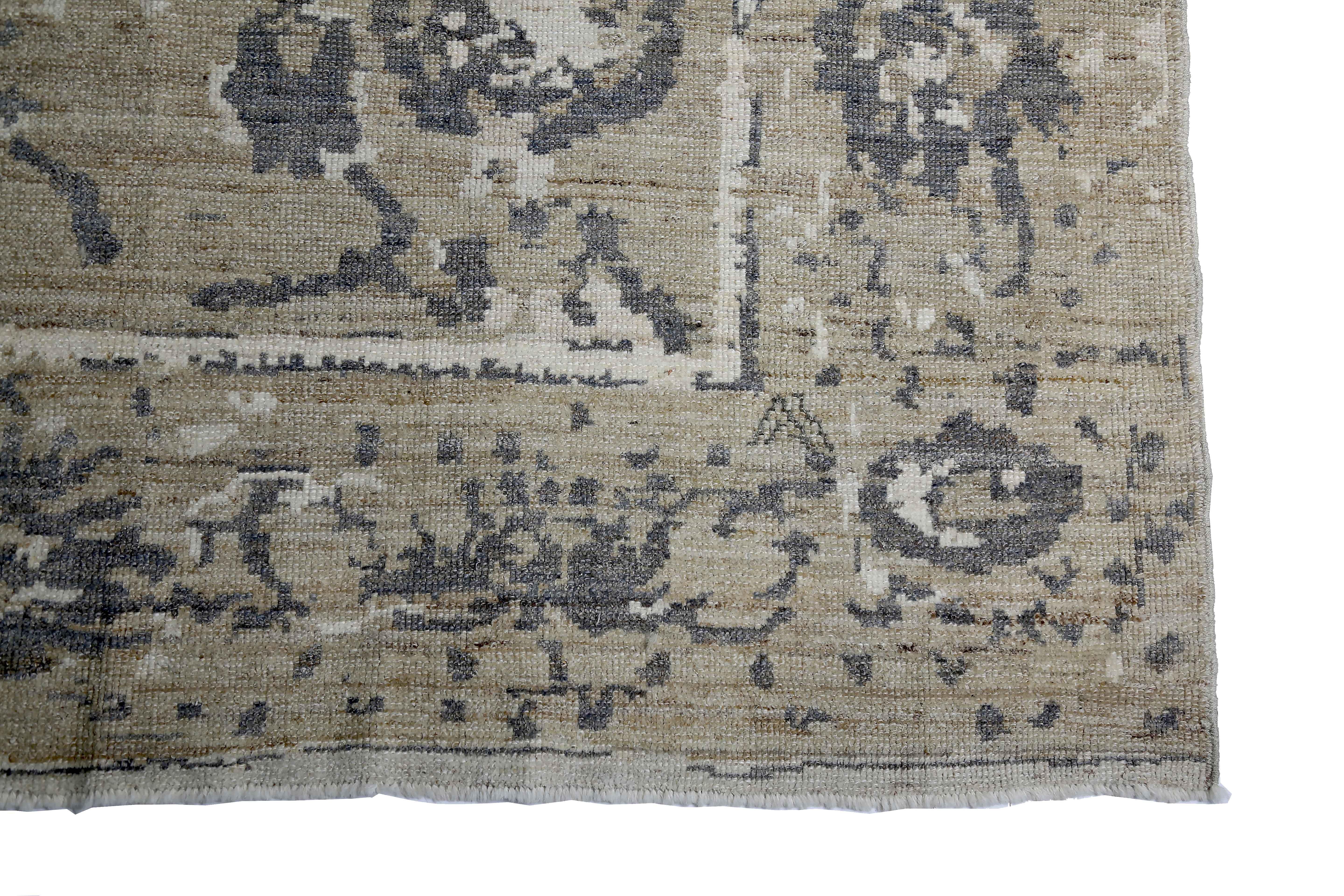 Hand-Woven New Turkish Oushak Rug with Gray and White Floral Patterns on Beige Field For Sale