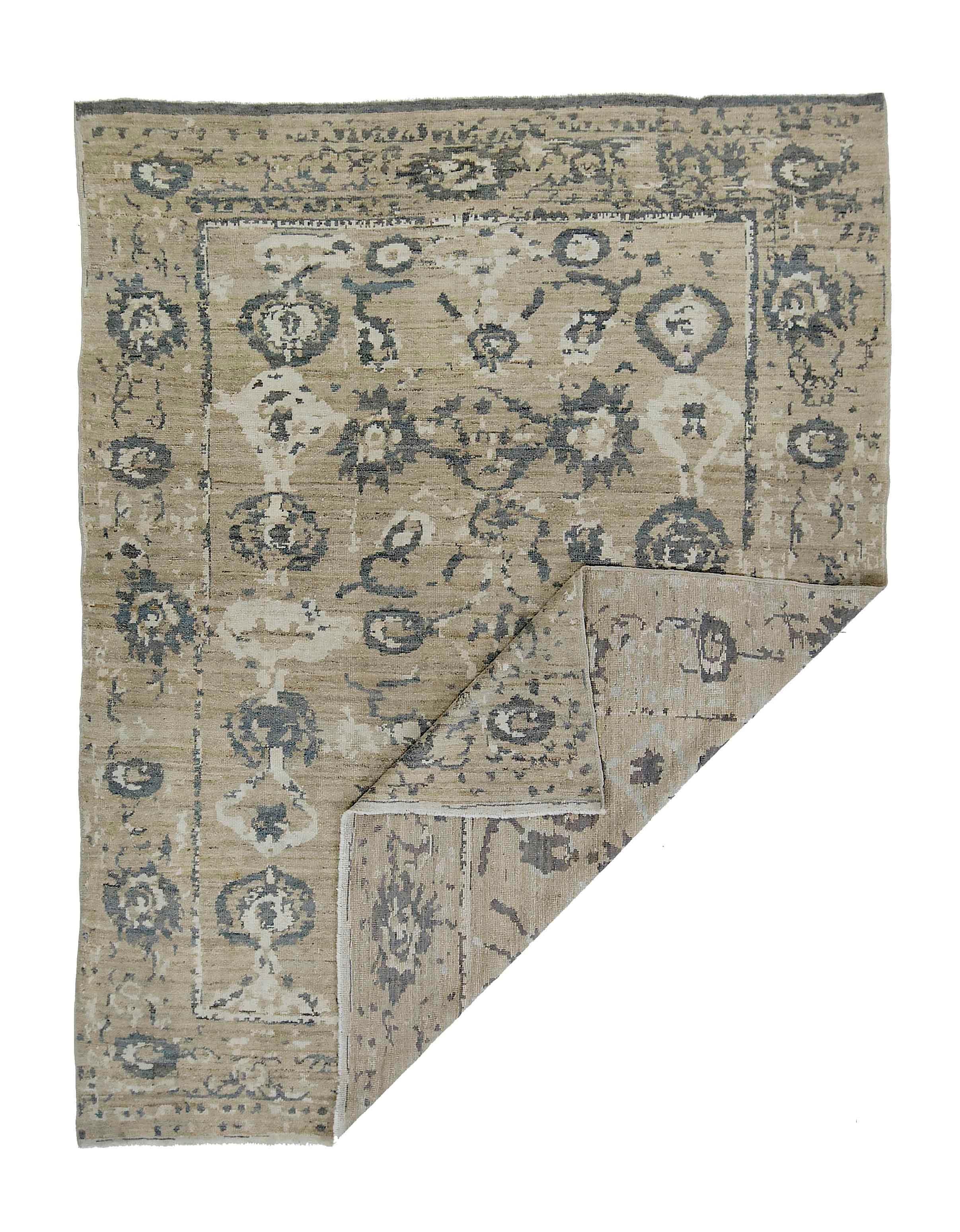 Contemporary New Turkish Oushak Rug with Gray and White Floral Patterns on Beige Field For Sale