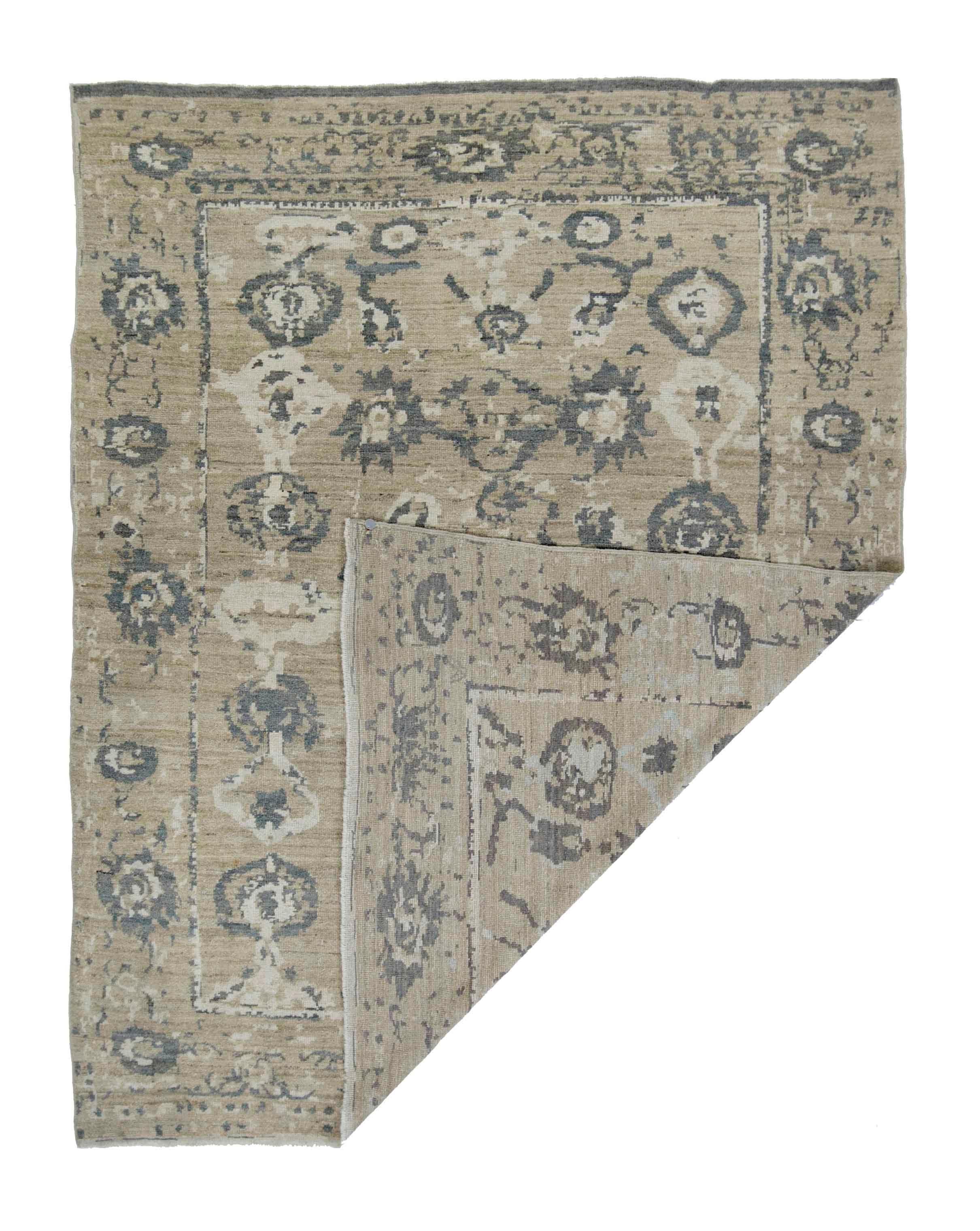 Wool New Turkish Oushak Rug with Gray and White Floral Patterns on Beige Field For Sale