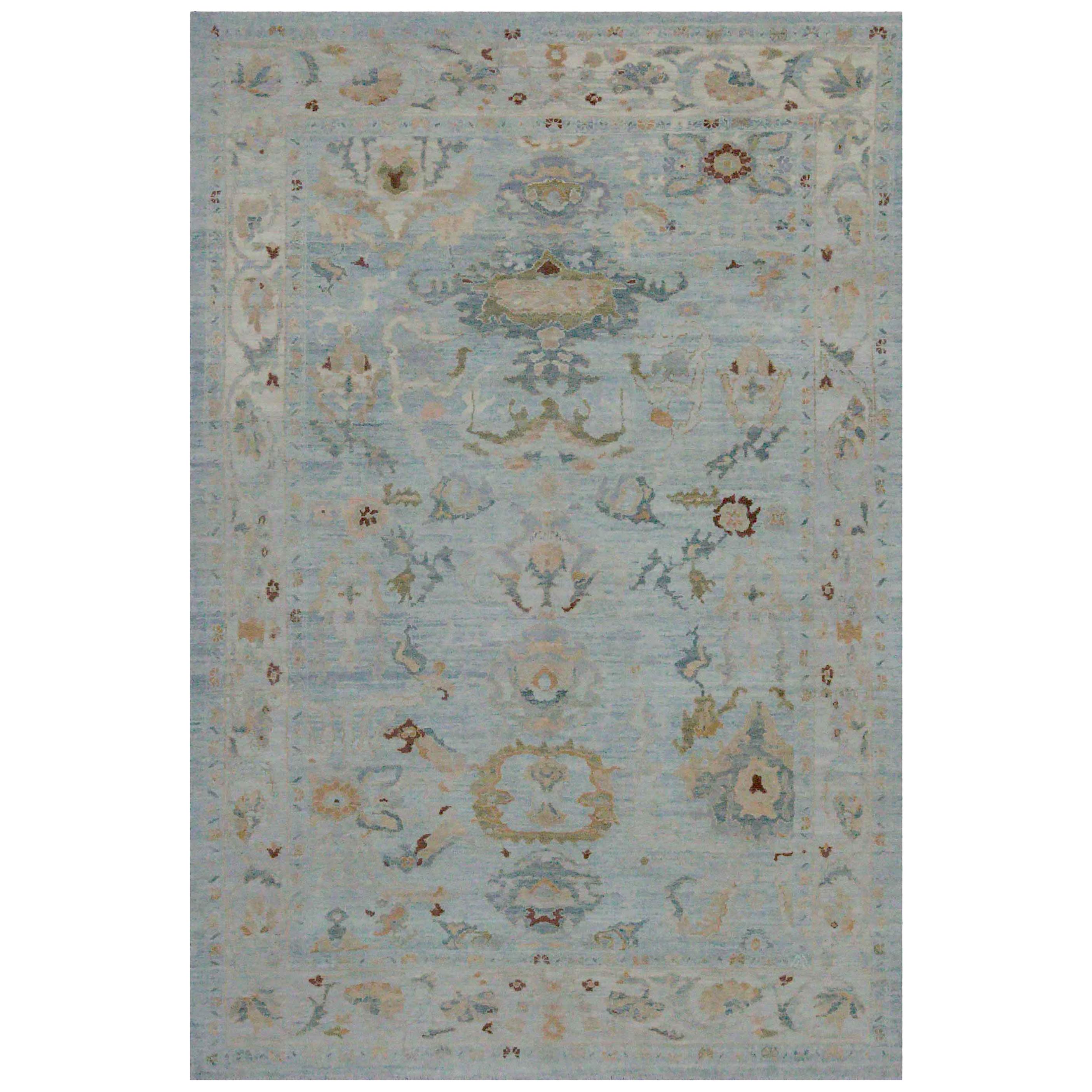 New Turkish Oushak Rug with Green and Beige Floral Details on Blue Field